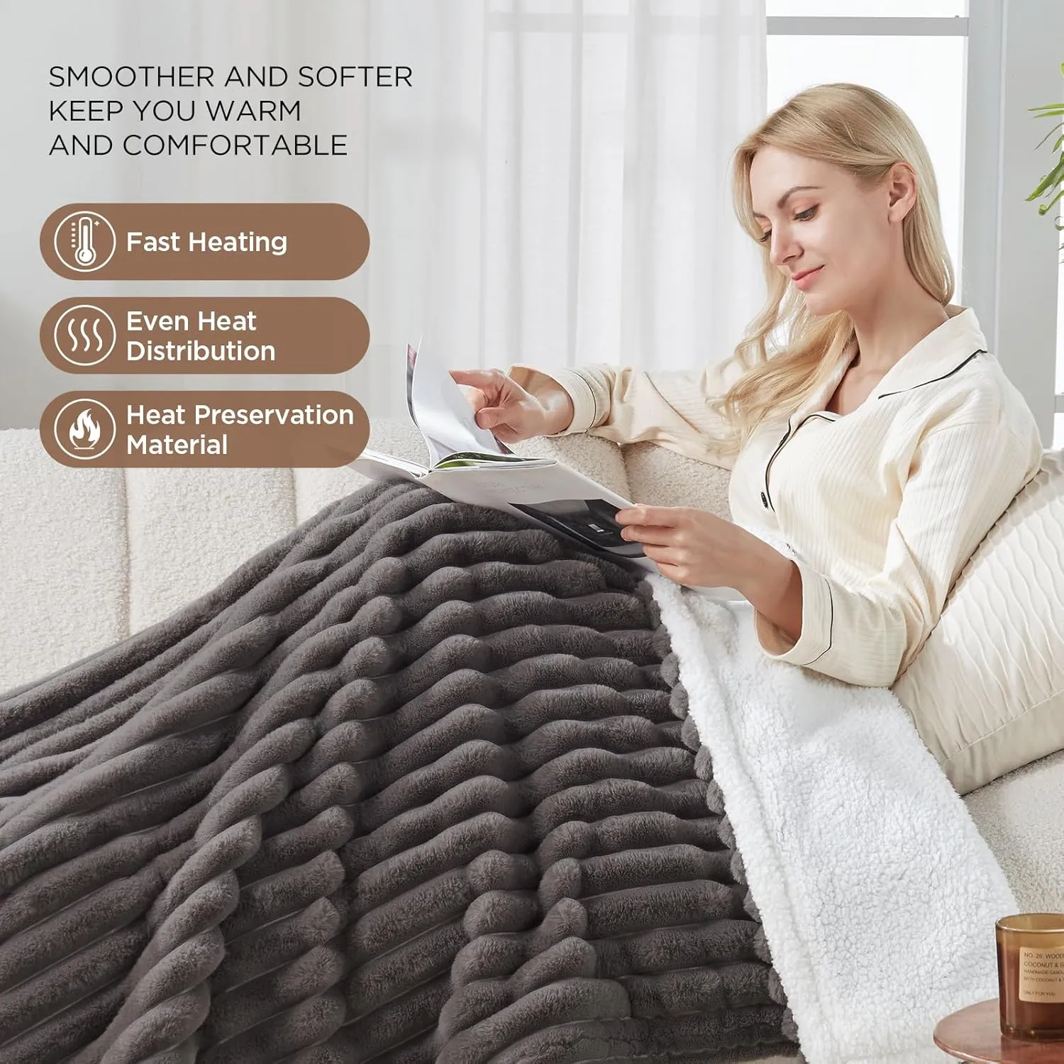 Westinghouse Electric Blanket Heated Throw, Super Cozy Luxury Faux Fur & Sherpa with 6 Heating Levels & 2-10 Hours Auto Off, Fast Heating & Overheat Protection, 50x60 Inch, Charcoal