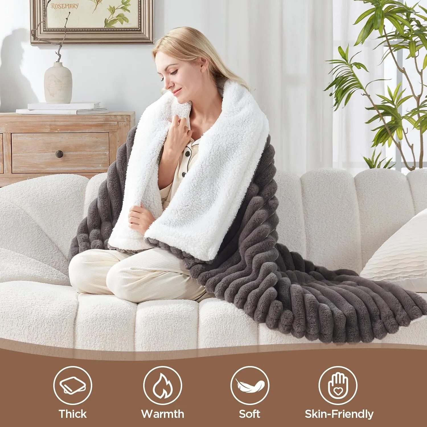 Westinghouse Electric Blanket Heated Throw, Super Cozy Luxury Faux Fur & Sherpa with 6 Heating Levels & 2-10 Hours Auto Off, Fast Heating & Overheat Protection, 50x60 Inch, Charcoal