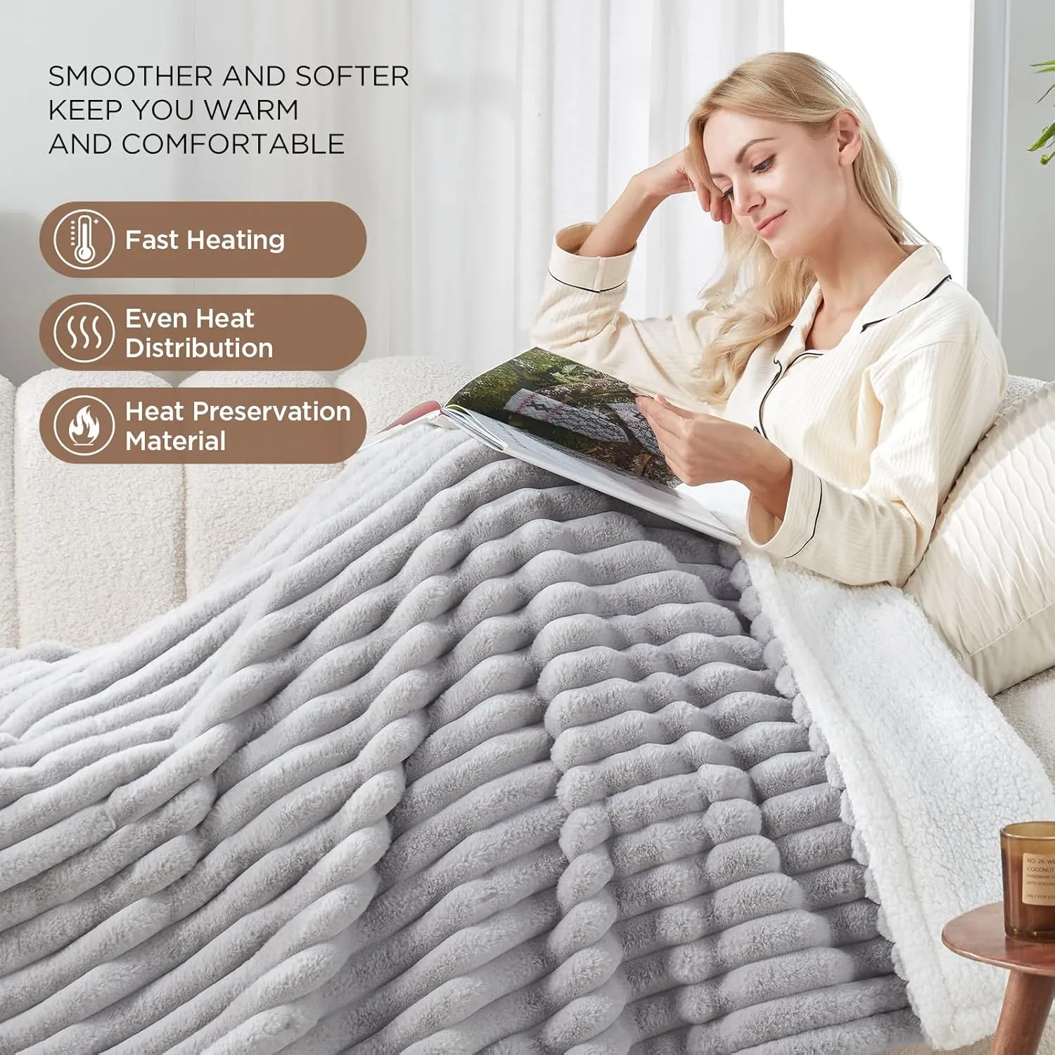 Westinghouse Electric Blanket Heated Throw, Super Cozy Luxury Faux Fur & Sherpa with 6 Heating Levels & 2-10 Hours Auto Off, Fast Heating & Overheat Protection, 50x60 Inch, Light Grey