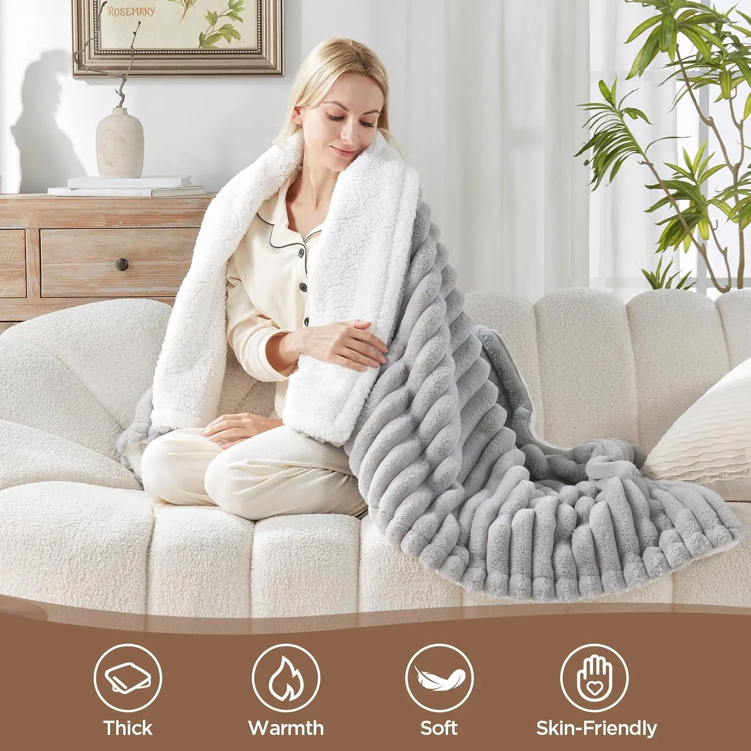 Westinghouse Electric Blanket Heated Throw, Super Cozy Luxury Faux Fur & Sherpa with 6 Heating Levels & 2-10 Hours Auto Off, Fast Heating & Overheat Protection, 50x60 Inch, Light Grey