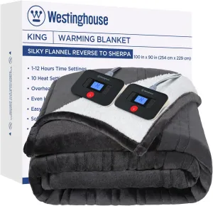 Westinghouse Electric Blanket King, Heated Blanket King Size with 10 Heating Levels and 1 to 12 Hours Heating Time Settings, Flannel to Sherpa Reversible, Machine Washable (90" x 100", Charcoal)