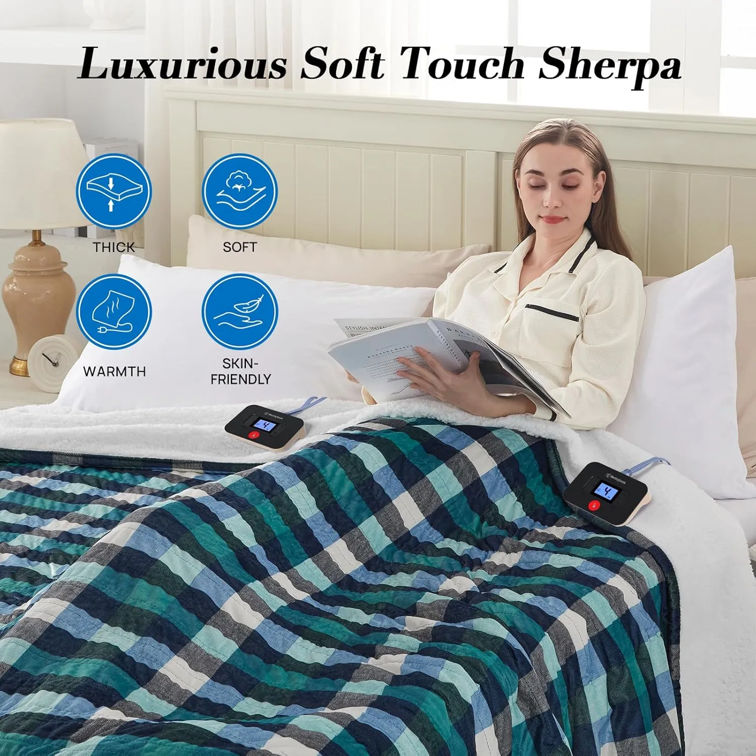 Westinghouse Electric Blanket King Size, Flannel to Sherpa Heated Blanket with 10 Heating Levels & 1 to 12 Hours Auto Off, Fast Heating, Machine Washable, 100 * 90 Inch, Green