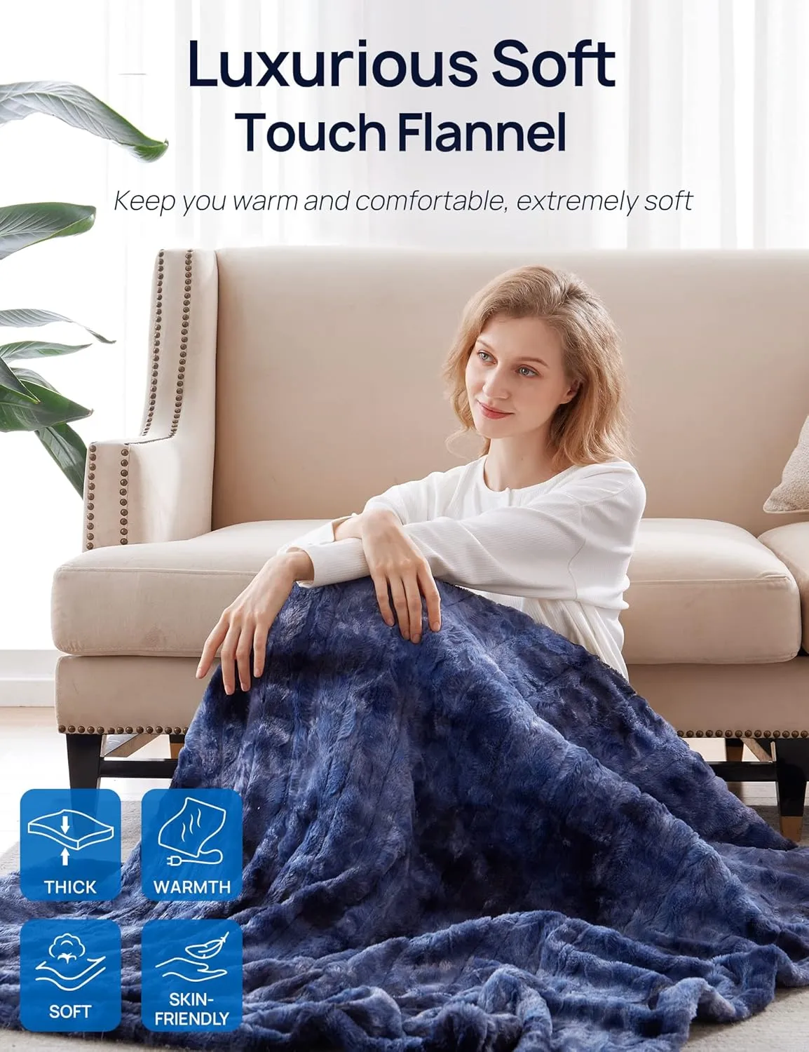 Westinghouse Electric Blanket Queen, Faux Fur Heating Blanket with Dual Control, 10 Heating Levels & 1 to 12 Hour Settings, 84"x90", Navy Blue