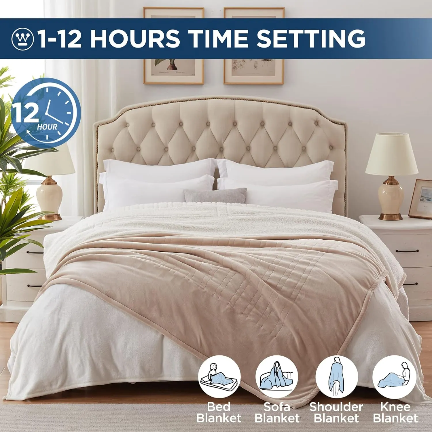 Westinghouse Electric Blanket Queen, Heated Blanket Queen Size with 10 Heating Levels and 1 to 12 Hours Heating Time Settings, Flannel to Sherpa Reversible, Machine Washable (84" x 90", Beige)