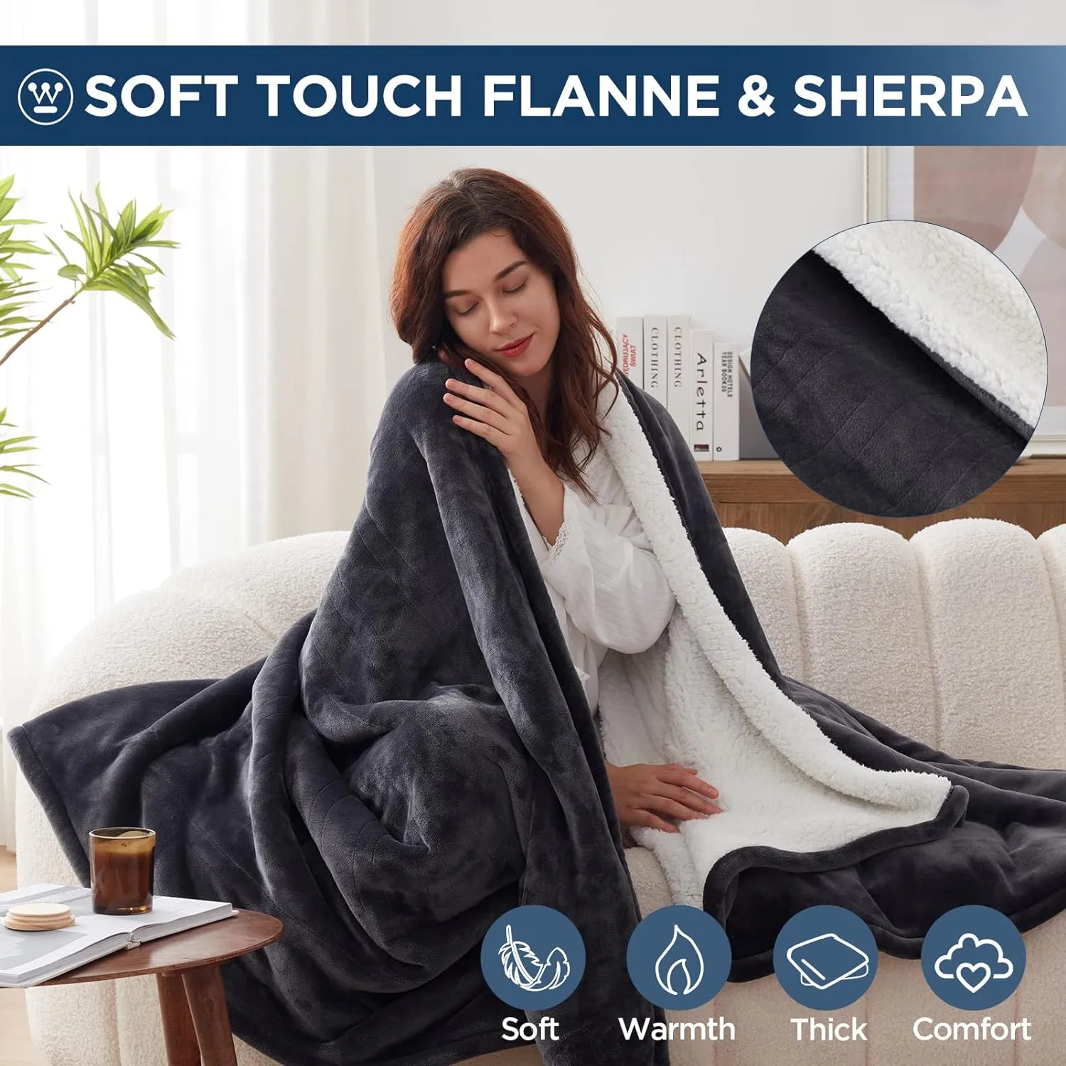 Westinghouse Electric Blanket Queen, Heated Blanket Queen Size with 10 Heating Levels and 1 to 12 Hours Heating Time Settings, Flannel to Sherpa Reversible, Machine Washable (84" x 90", Charcoal)