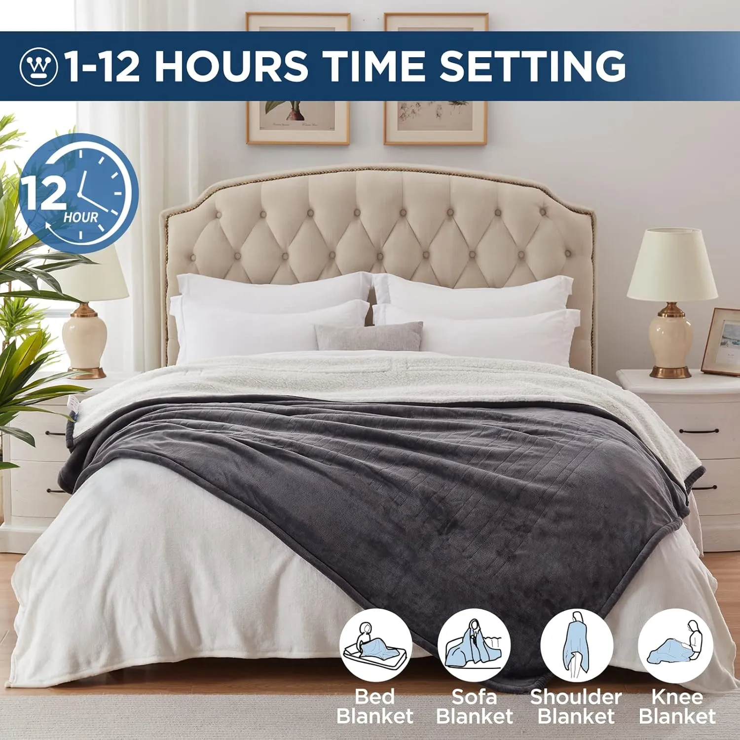Westinghouse Electric Blanket Queen, Heated Blanket Queen Size with 10 Heating Levels and 1 to 12 Hours Heating Time Settings, Flannel to Sherpa Reversible, Machine Washable (84" x 90", Charcoal)