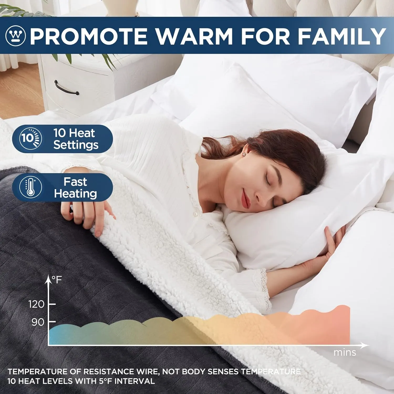 Westinghouse Electric Blanket Queen, Heated Blanket Queen Size with 10 Heating Levels and 1 to 12 Hours Heating Time Settings, Flannel to Sherpa Reversible, Machine Washable (84" x 90", Charcoal)
