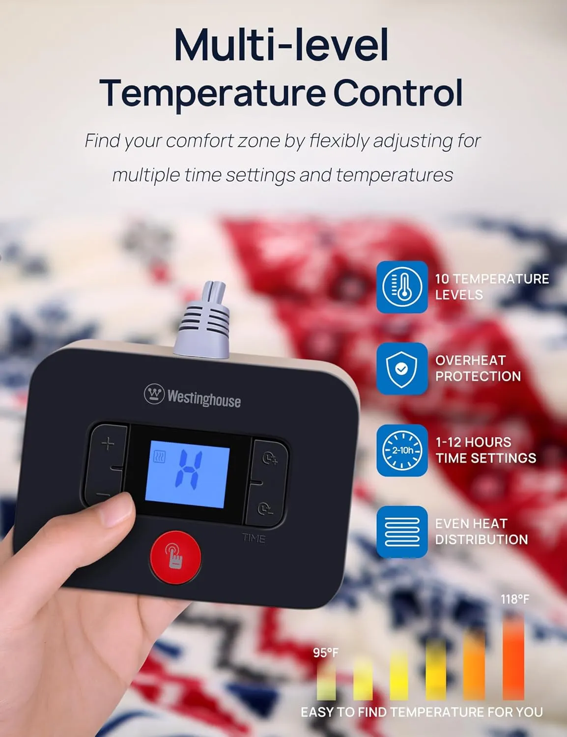 Westinghouse Electric Blanket Queen Size, Soft Flannel to Sherpa Heated Blanket with10 Heating Levels & 1 to 12 Hours Heating Time Settings, Fast Heating, Machine Washable, 84 * 90 Inch