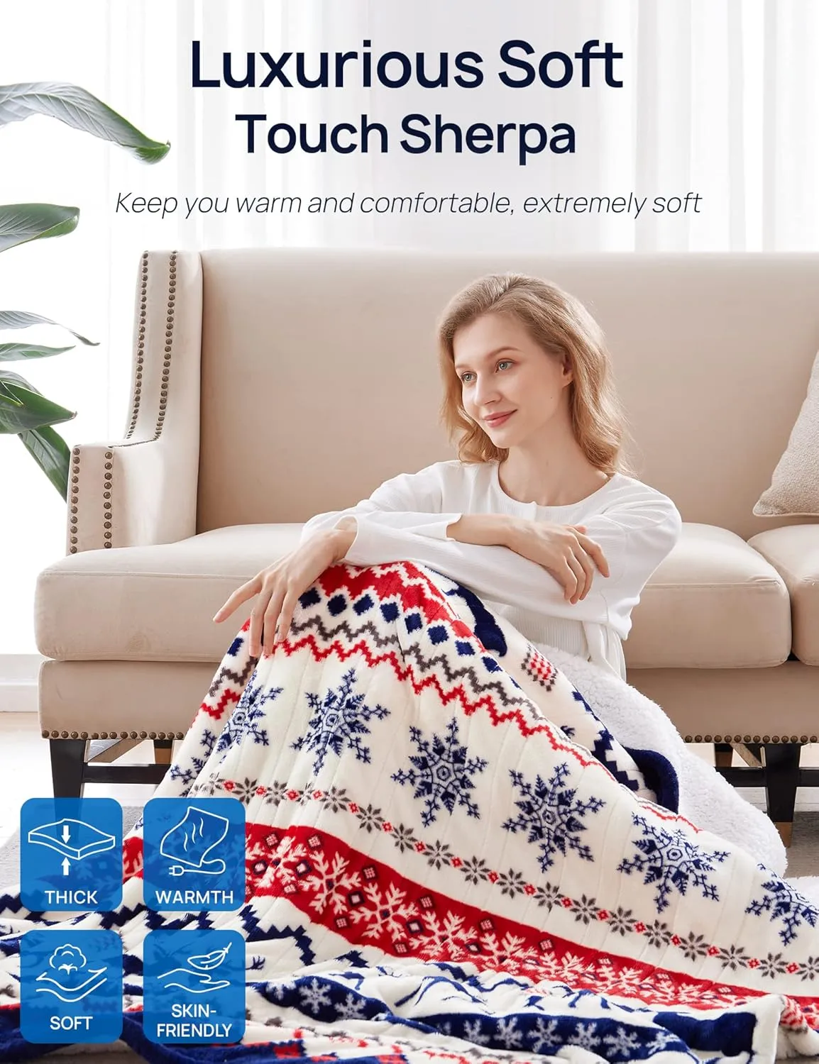 Westinghouse Electric Blanket Queen Size, Soft Flannel to Sherpa Heated Blanket with10 Heating Levels & 1 to 12 Hours Heating Time Settings, Fast Heating, Machine Washable, 84 * 90 Inch