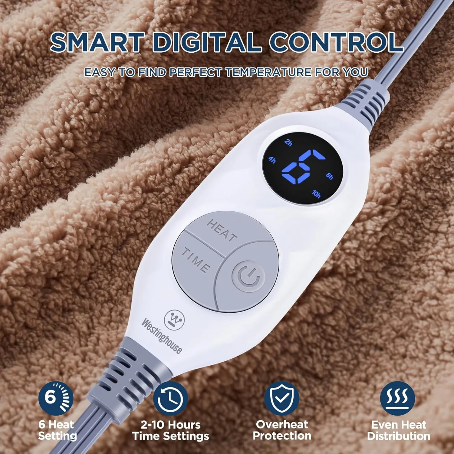 Westinghouse Electric Blanket Throw Size, Soft Plush Sherpa Heated Blanket with 6 Heating Levels & 2-10 Hours Auto-Off, Machine Washable, 50x60 inches, Camel