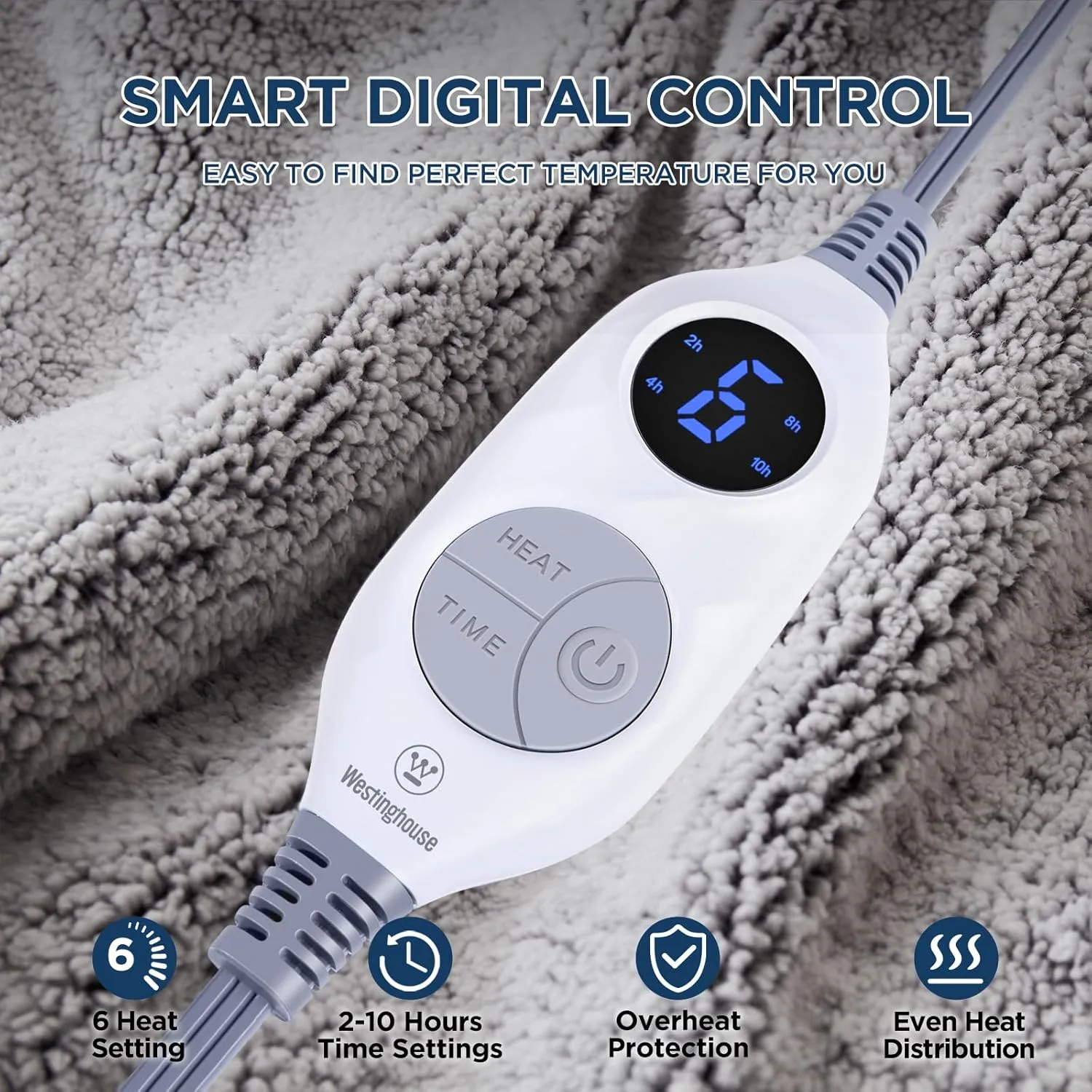 Westinghouse Electric Blanket Throw Size, Soft Plush Sherpa Heated Blanket with 6 Heating Levels & 2-10 Hours Auto-Off, Machine Washable, 50x60 inches, Charcoal
