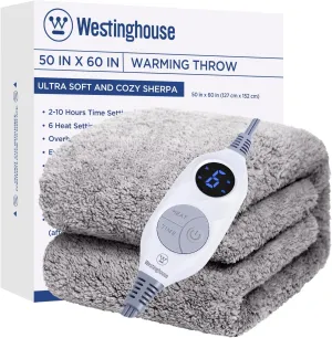Westinghouse Electric Blanket Throw Size, Soft Plush Sherpa Heated Blanket with 6 Heating Levels & 2-10 Hours Auto-Off, Machine Washable, 50x60 inches, Charcoal