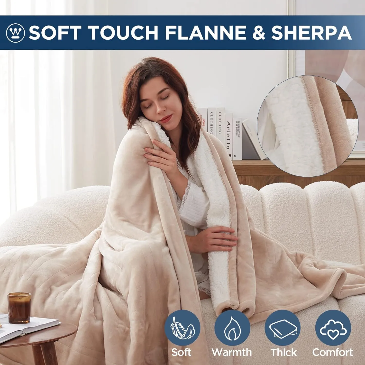 Westinghouse Electric Blanket Twin, Heated Blanket Twin Size with 10 Heating Levels and 1 to 12 Hours Heating Time Settings, Flannel to Sherpa Reversible, Machine Washable (62" x 84", Beige)