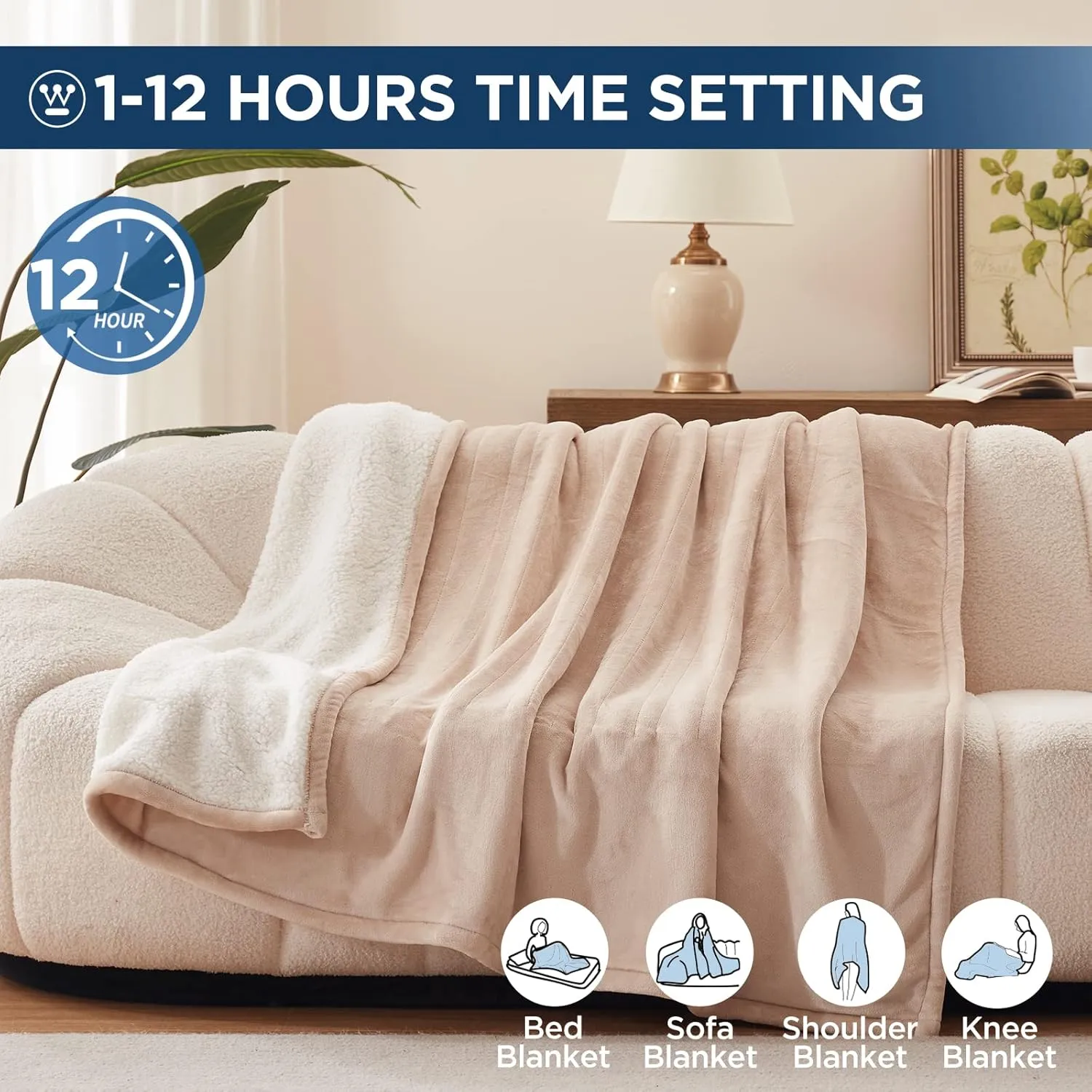 Westinghouse Electric Blanket Twin, Heated Blanket Twin Size with 10 Heating Levels and 1 to 12 Hours Heating Time Settings, Flannel to Sherpa Reversible, Machine Washable (62" x 84", Beige)