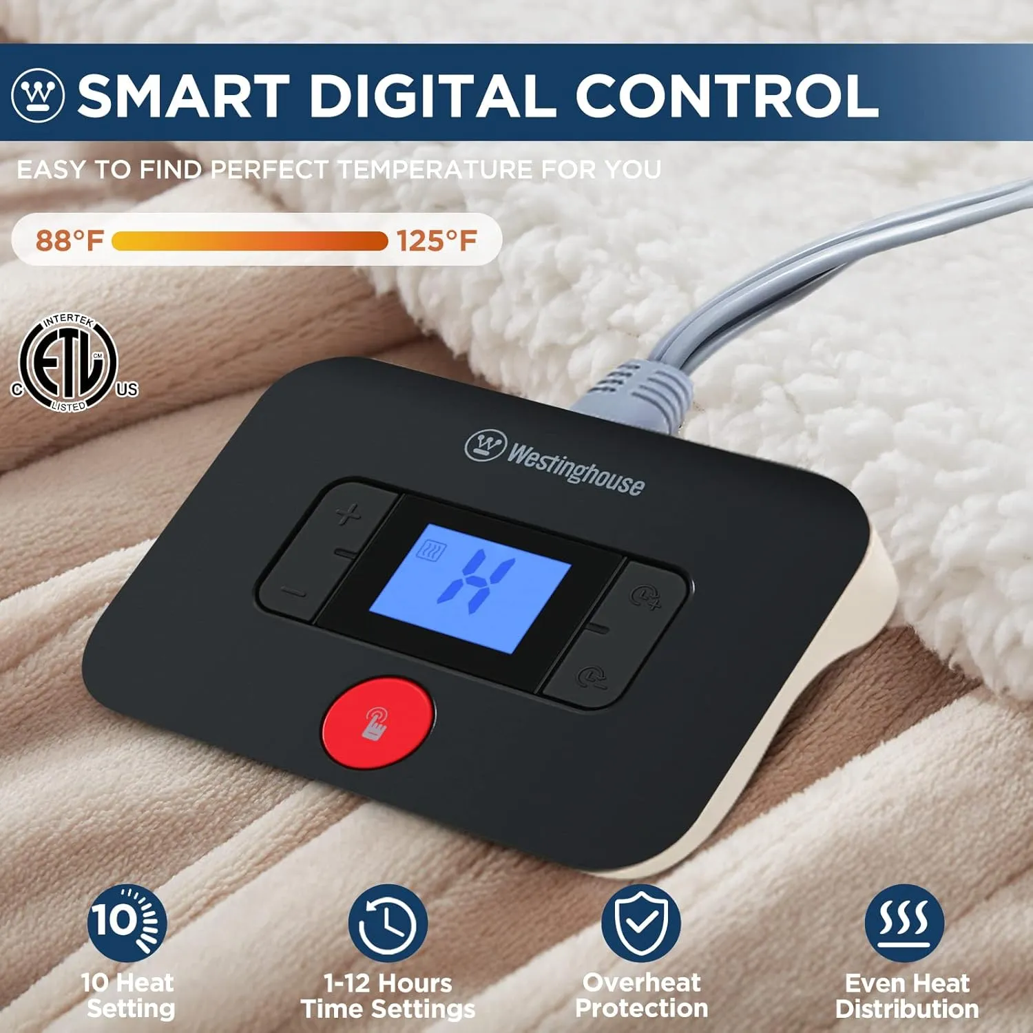 Westinghouse Electric Blanket Twin, Heated Blanket Twin Size with 10 Heating Levels and 1 to 12 Hours Heating Time Settings, Flannel to Sherpa Reversible, Machine Washable (62" x 84", Beige)