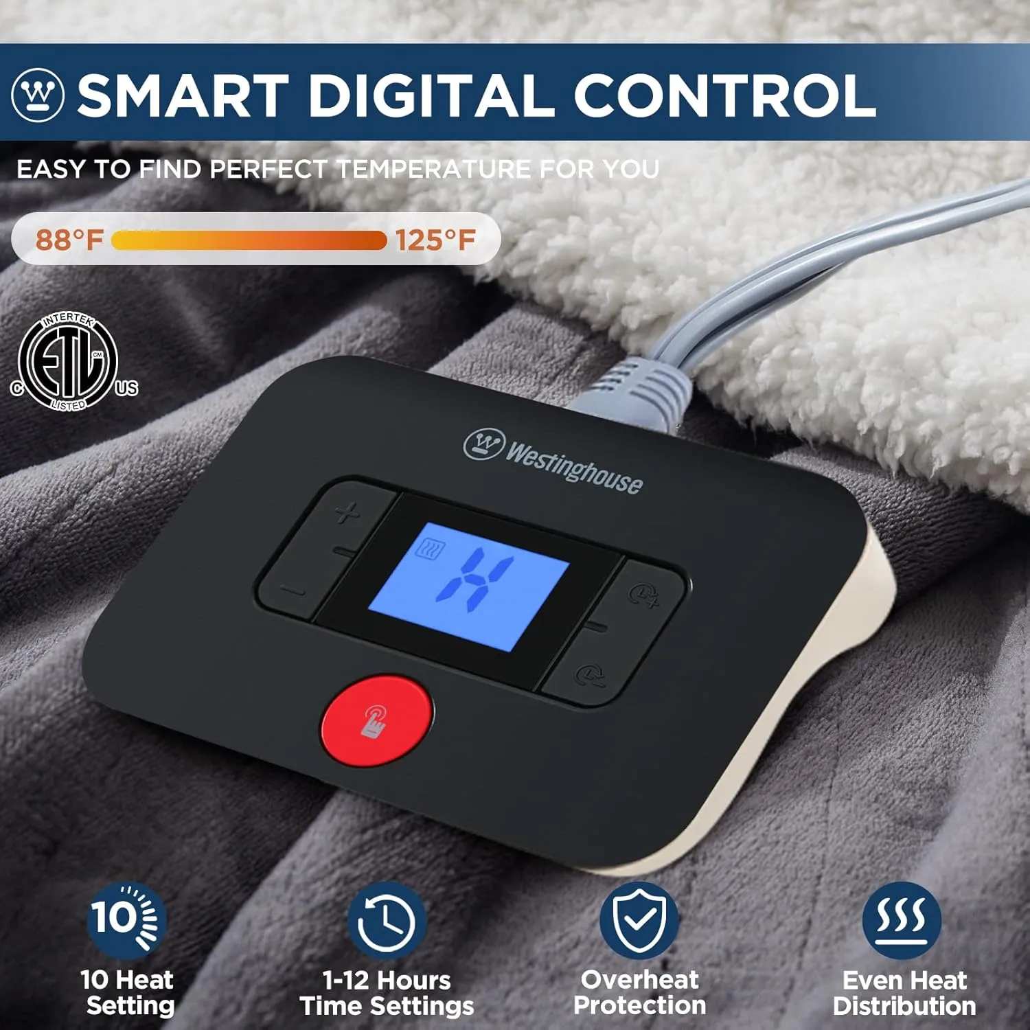 Westinghouse Electric Blanket Twin, Heated Blanket Twin Size with 10 Heating Levels and 1 to 12 Hours Heating Time Settings, Flannel to Sherpa Reversible, Machine Washable (62" x 84", Charcoal)