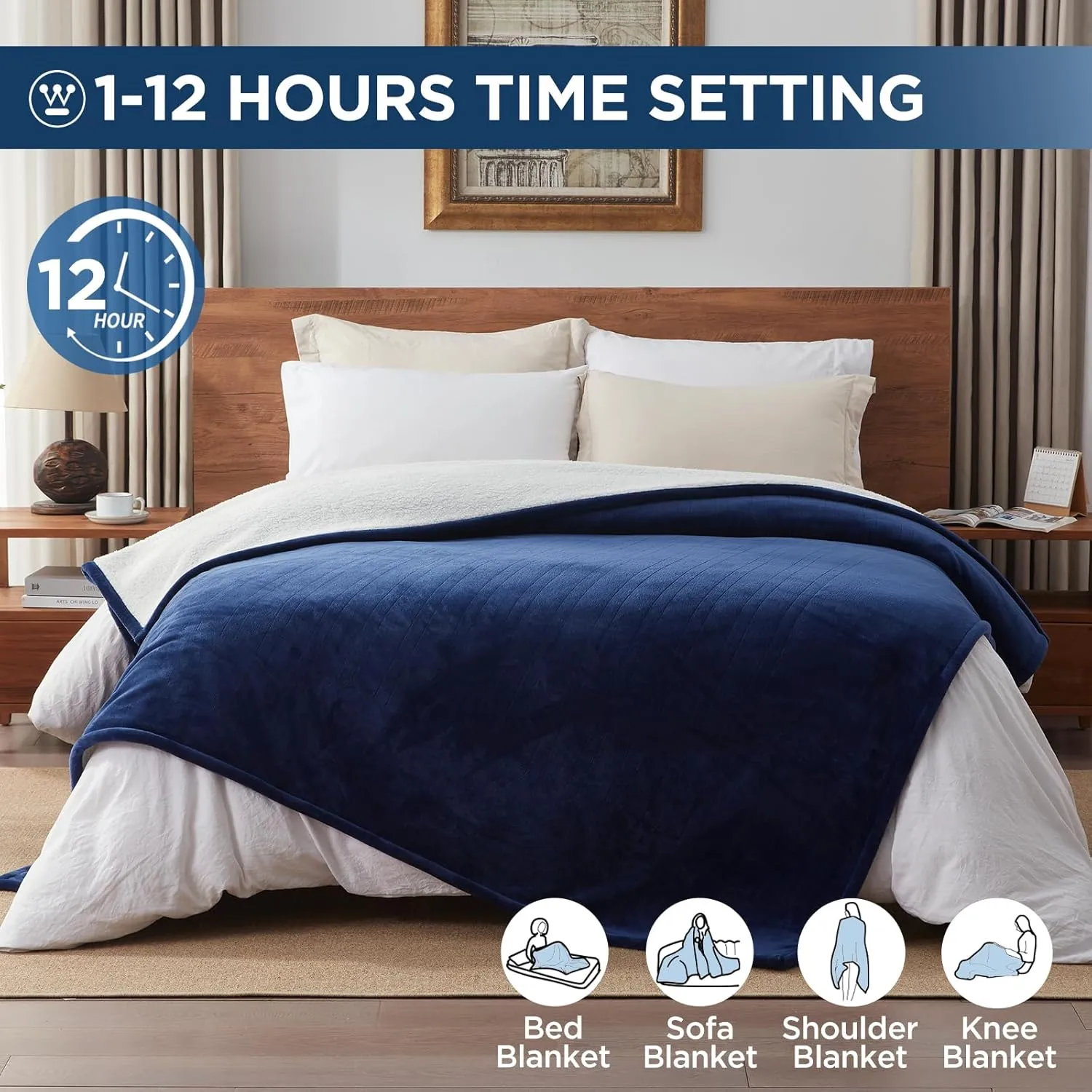 Westinghouse Electric Blanket Twin, Heated Blanket Twin Size with 10 Heating Levels and 1 to 12 Hours Heating Time Settings, Flannel to Sherpa Reversible, Machine Washable (62" x 84", Navy)