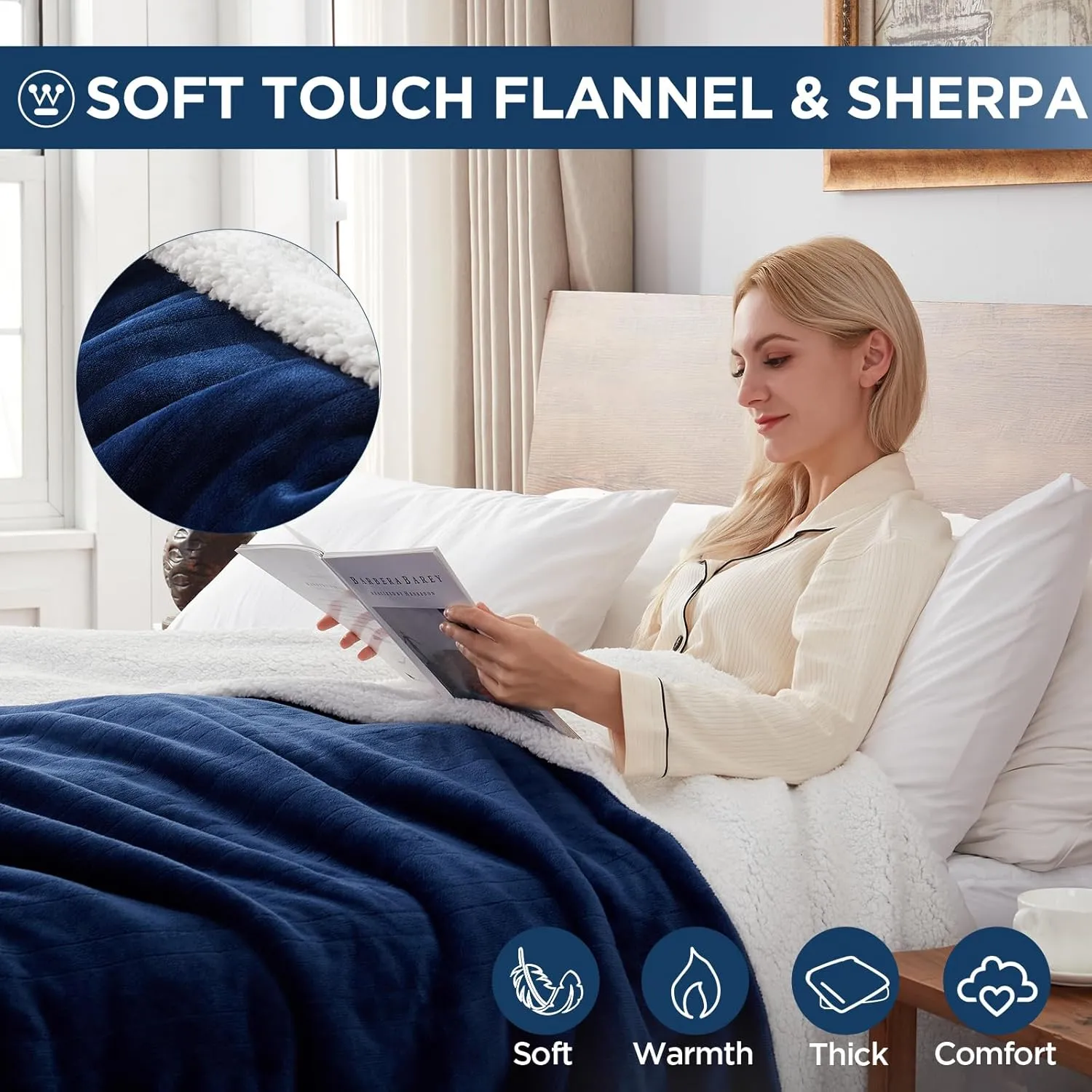 Westinghouse Electric Blanket Twin, Heated Blanket Twin Size with 10 Heating Levels and 1 to 12 Hours Heating Time Settings, Flannel to Sherpa Reversible, Machine Washable (62" x 84", Navy)