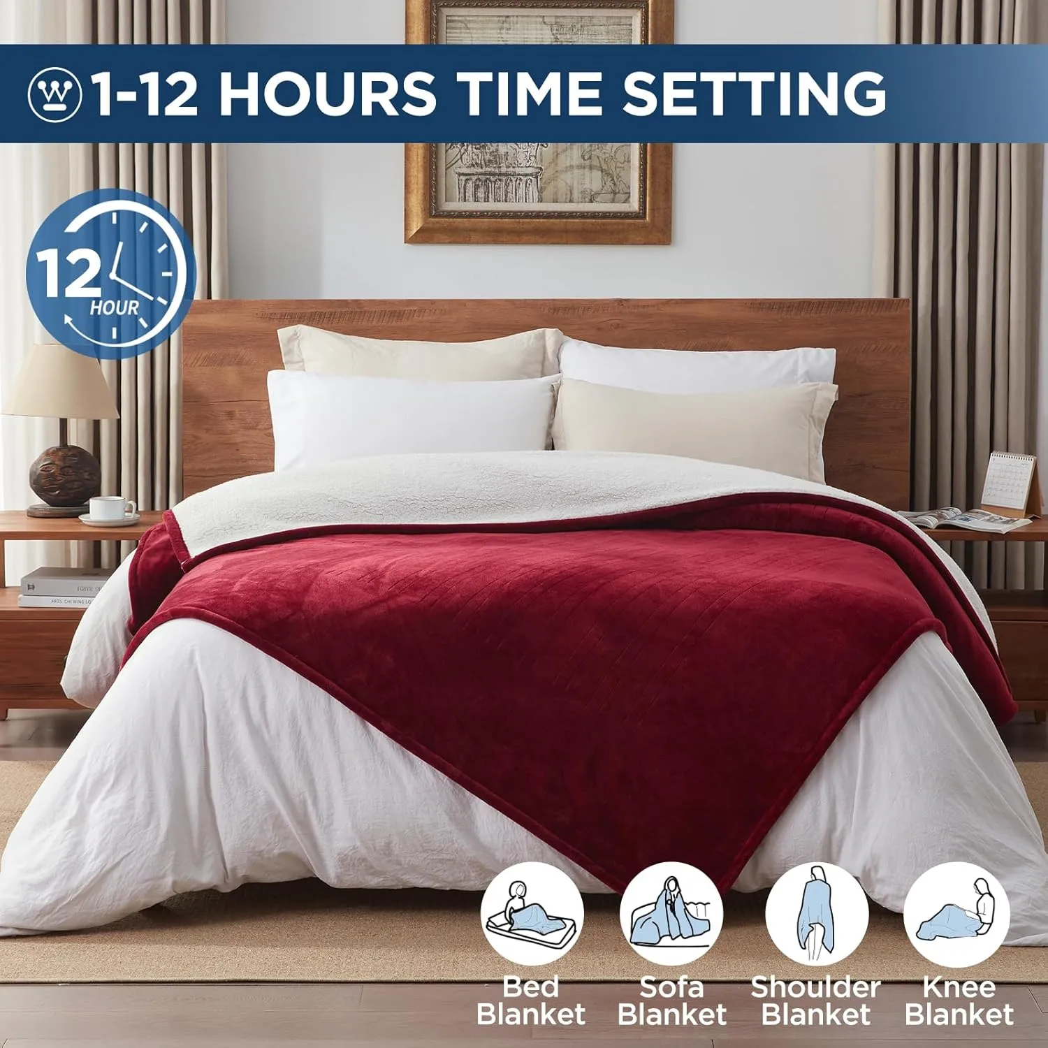 Westinghouse Electric Blanket Twin, Heated Blanket Twin Size with 10 Heating Levels and 1 to 12 Hours Heating Time Settings, Flannel to Sherpa Reversible, Machine Washable (62" x 84", Red)