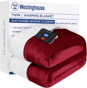 Westinghouse Electric Blanket Twin, Heated Blanket Twin Size with 10 Heating Levels and 1 to 12 Hours Heating Time Settings, Flannel to Sherpa Reversible, Machine Washable (62" x 84", Red)