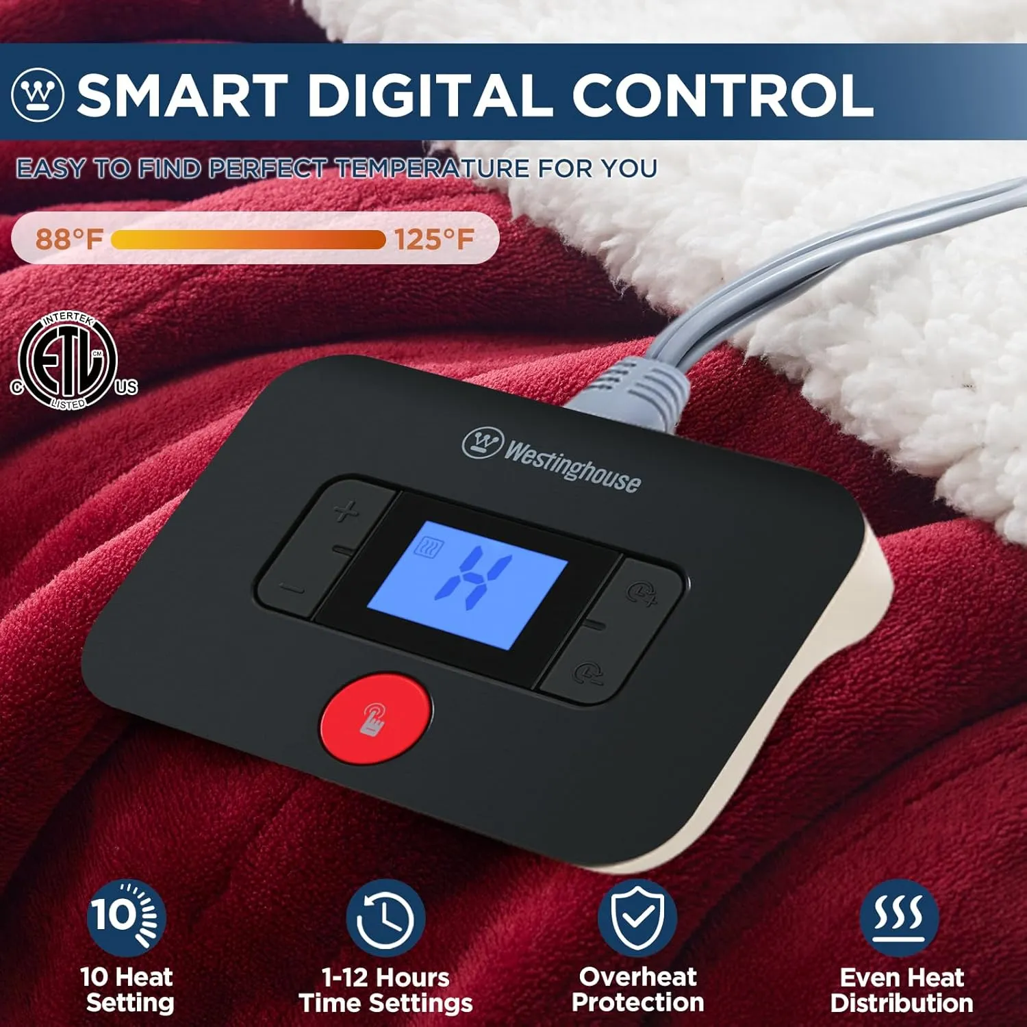 Westinghouse Electric Blanket Twin, Heated Blanket Twin Size with 10 Heating Levels and 1 to 12 Hours Heating Time Settings, Flannel to Sherpa Reversible, Machine Washable (62" x 84", Red)