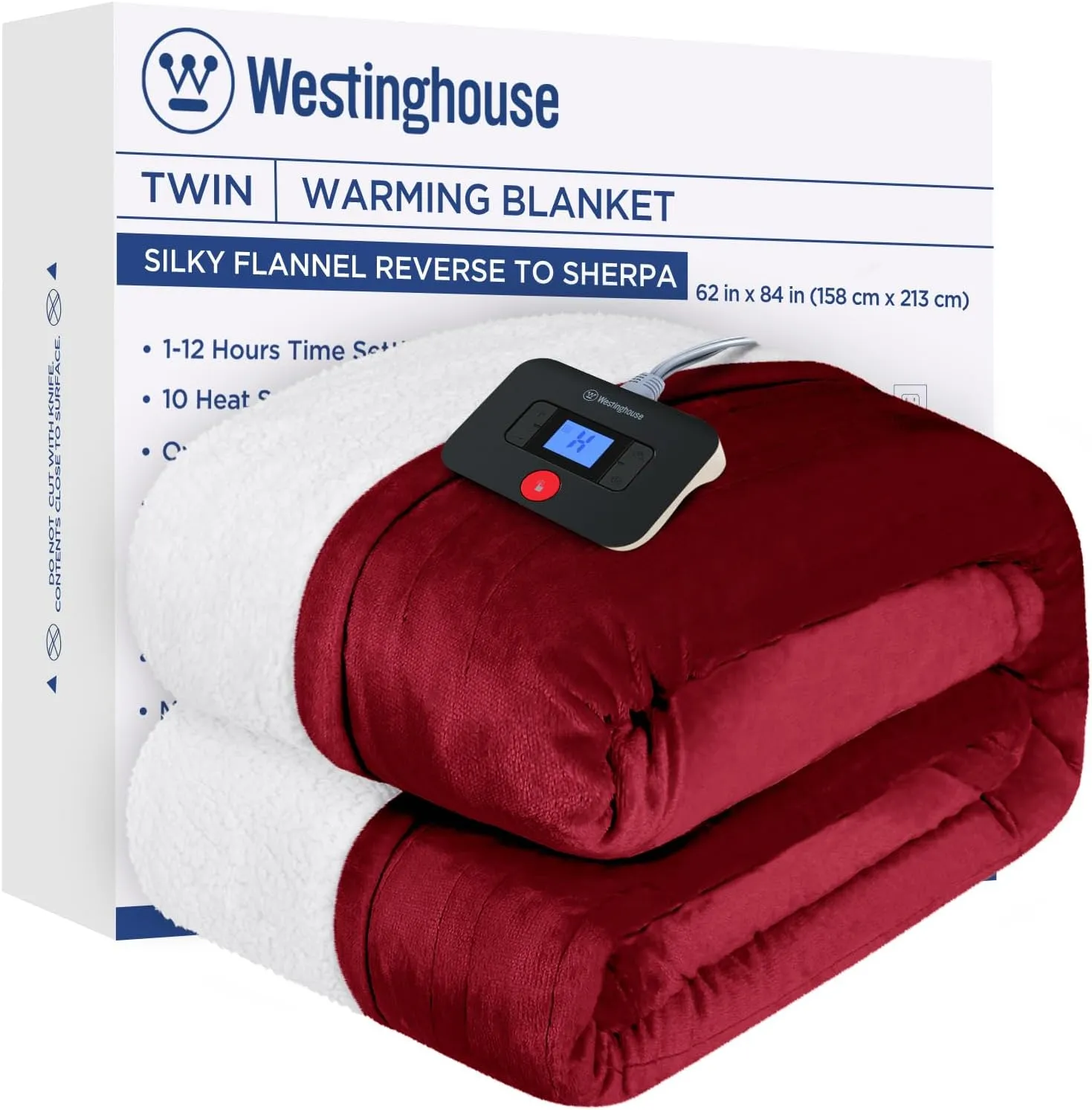 Westinghouse Electric Blanket Twin, Heated Blanket Twin Size with 10 Heating Levels and 1 to 12 Hours Heating Time Settings, Flannel to Sherpa Reversible, Machine Washable (62" x 84", Red)