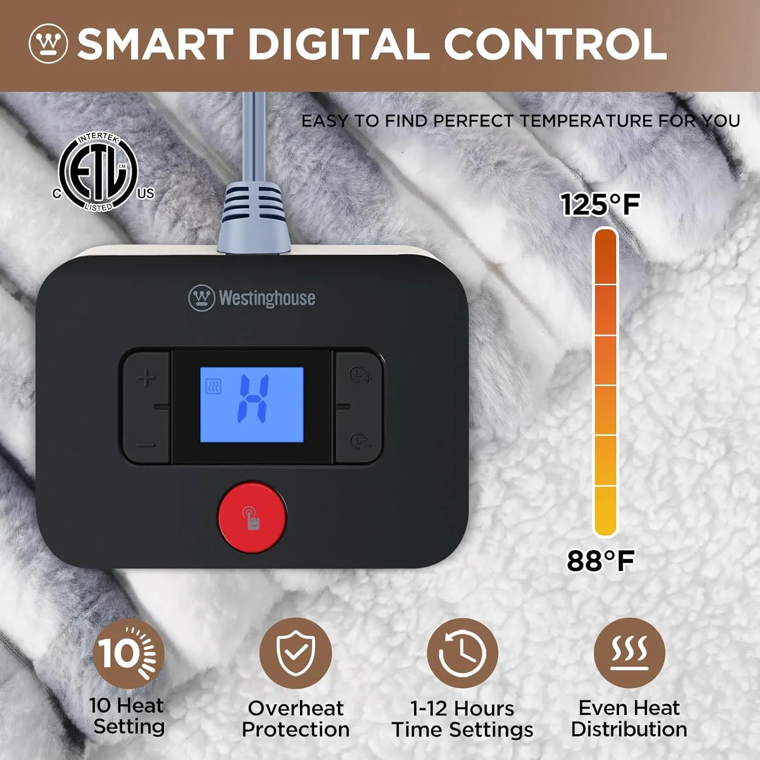 Westinghouse Electric Blanket Twin Size, Super Cozy Luxury Faux Fur & Sherpa Heated Blanket with 10 Heating Levels & 1-12 Hours Auto Off, Fast Heating Blanket, Machine Washable, 62x 84 Inch Blue Gray