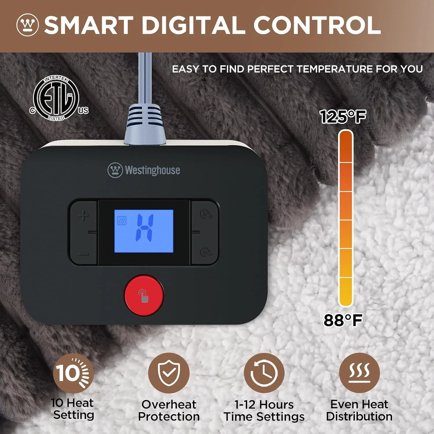 Westinghouse Electric Blanket Twin Size, Super Cozy Luxury Faux Fur & Sherpa Heated Blanket with 10 Heating Levels & 1-12 Hours Auto Off, Fast Heating Blanket, Machine Washable, 62x 84 Inch Charcoal