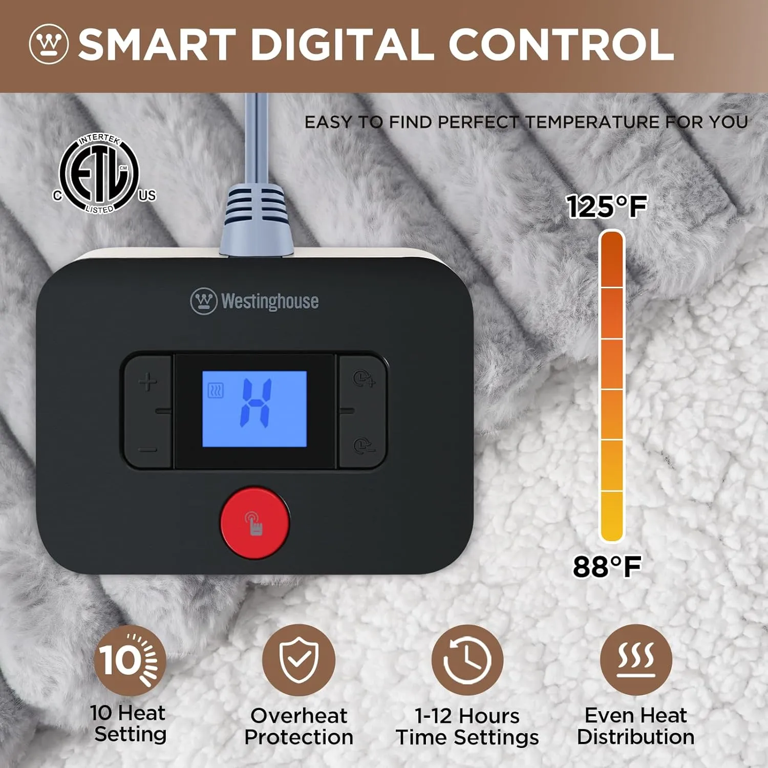 Westinghouse Electric Blanket Twin Size, Super Cozy Luxury Faux Fur & Sherpa Heated Blanket with 10 Heating Levels & 1-12 Hours Auto Off, Fast Heating Blanket, Machine Washable, 62x 84 Inch Light Grey