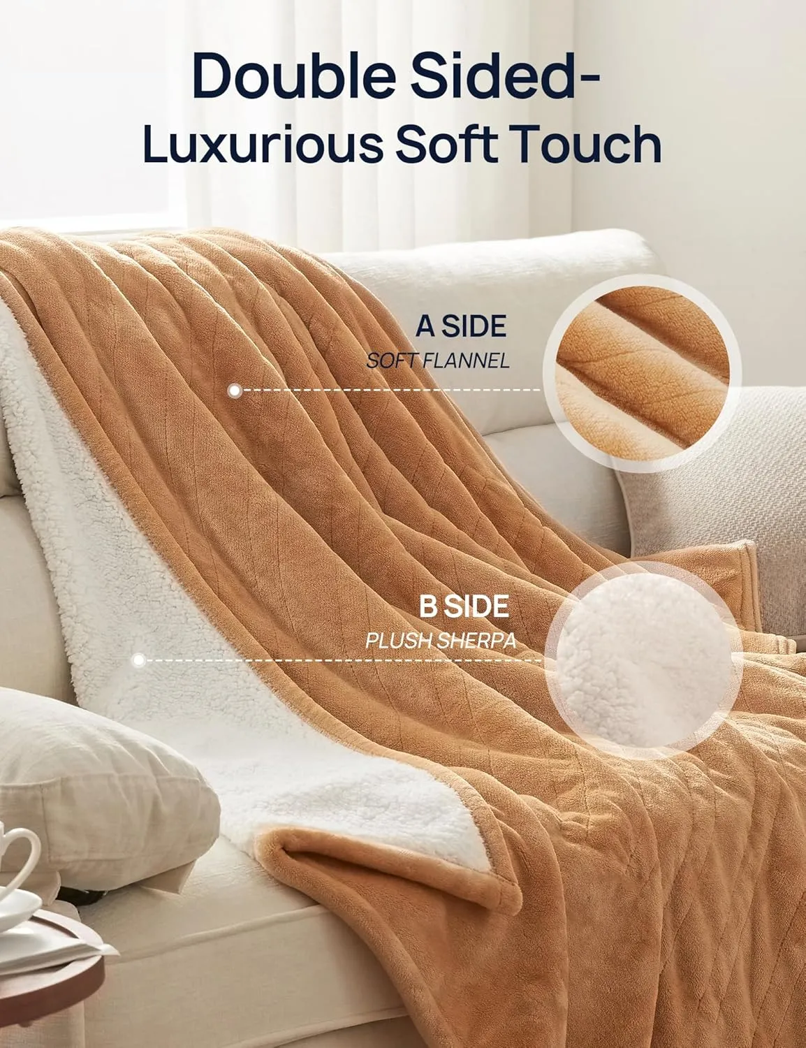 Westinghouse Electric Blanket with Foot Pocket for Adults, Ultra Soft Flannel to Sherpa Heated Throw with 6 Heating Levels & 2-10 Hours Time Settings, Fast Heating & Machine Washable, 50x62, Brown