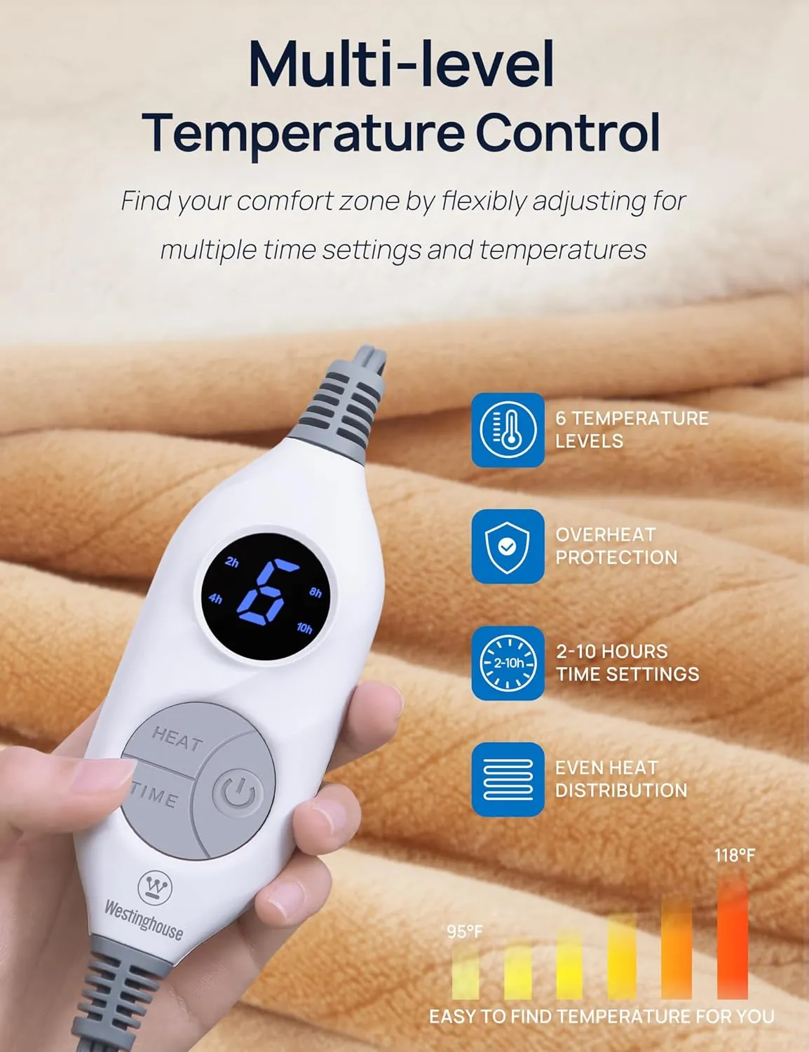 Westinghouse Electric Blanket with Foot Pocket for Adults, Ultra Soft Flannel to Sherpa Heated Throw with 6 Heating Levels & 2-10 Hours Time Settings, Fast Heating & Machine Washable, 50x62, Brown