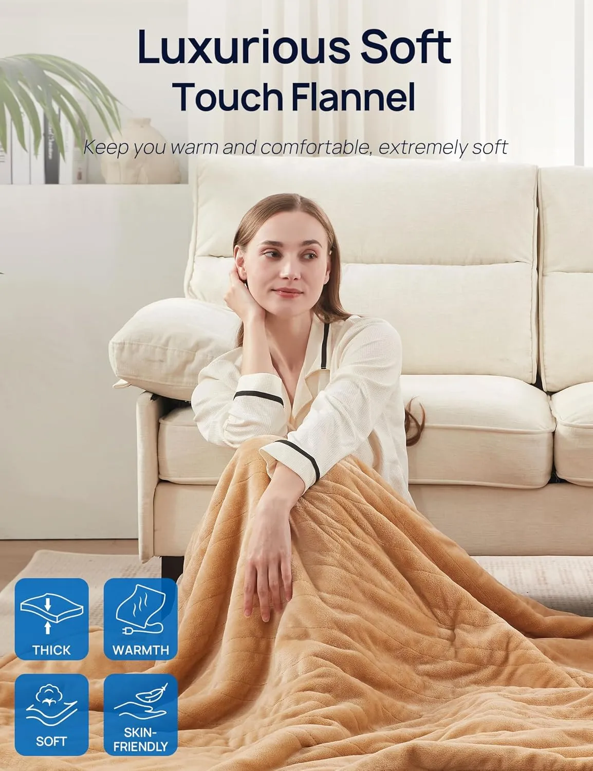 Westinghouse Electric Blanket with Foot Pocket for Adults, Ultra Soft Flannel to Sherpa Heated Throw with 6 Heating Levels & 2-10 Hours Time Settings, Fast Heating & Machine Washable, 50x62, Brown