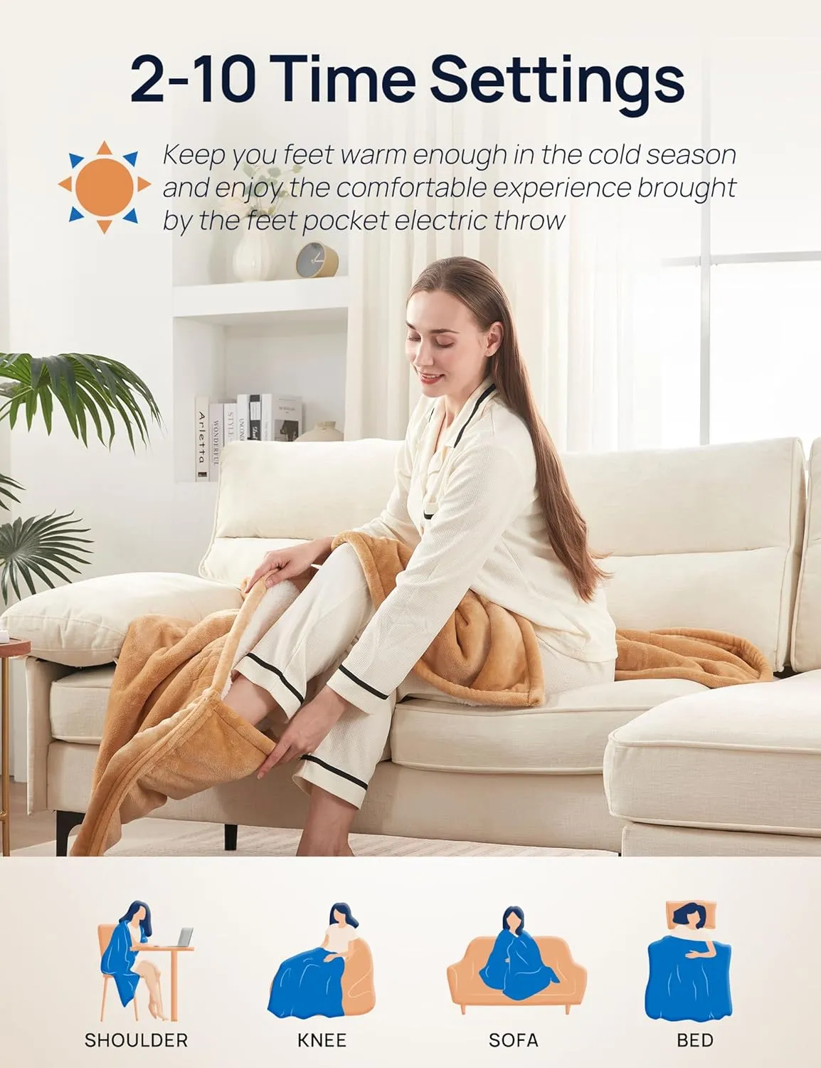 Westinghouse Electric Blanket with Foot Pocket for Adults, Ultra Soft Flannel to Sherpa Heated Throw with 6 Heating Levels & 2-10 Hours Time Settings, Fast Heating & Machine Washable, 50x62, Brown