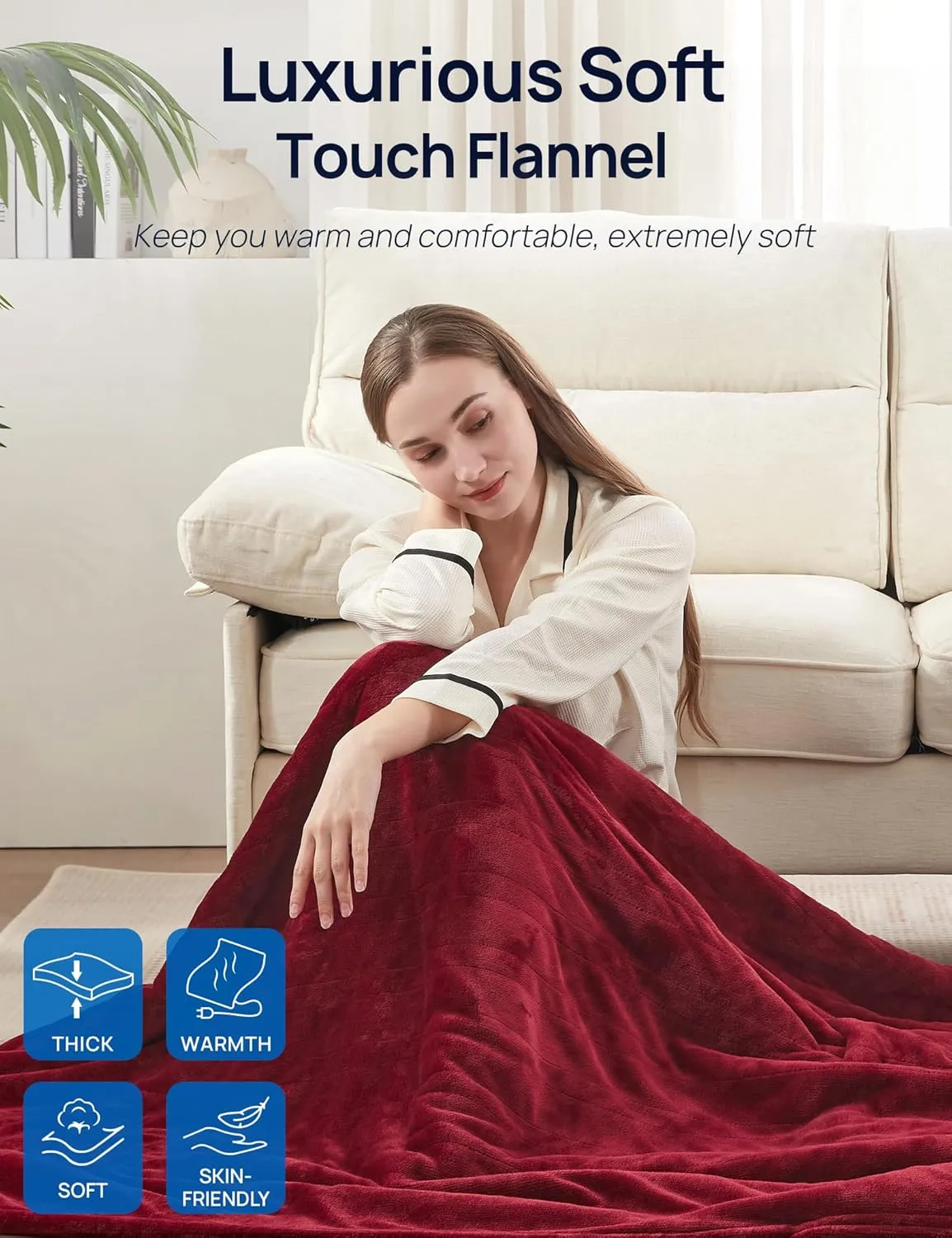 Westinghouse Electric Blanket with Foot Pocket for Adults, Ultra Soft Flannel to Sherpa Heated Throw with 6 Heating Levels & 2-10 Hours Time Settings, Fast Heating & Machine Washable, 50x62, Burgundy