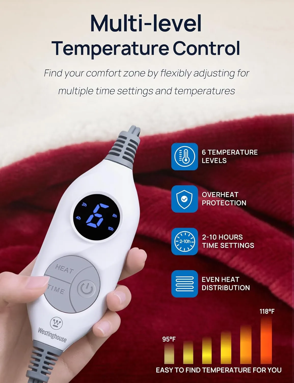 Westinghouse Electric Blanket with Foot Pocket for Adults, Ultra Soft Flannel to Sherpa Heated Throw with 6 Heating Levels & 2-10 Hours Time Settings, Fast Heating & Machine Washable, 50x62, Burgundy