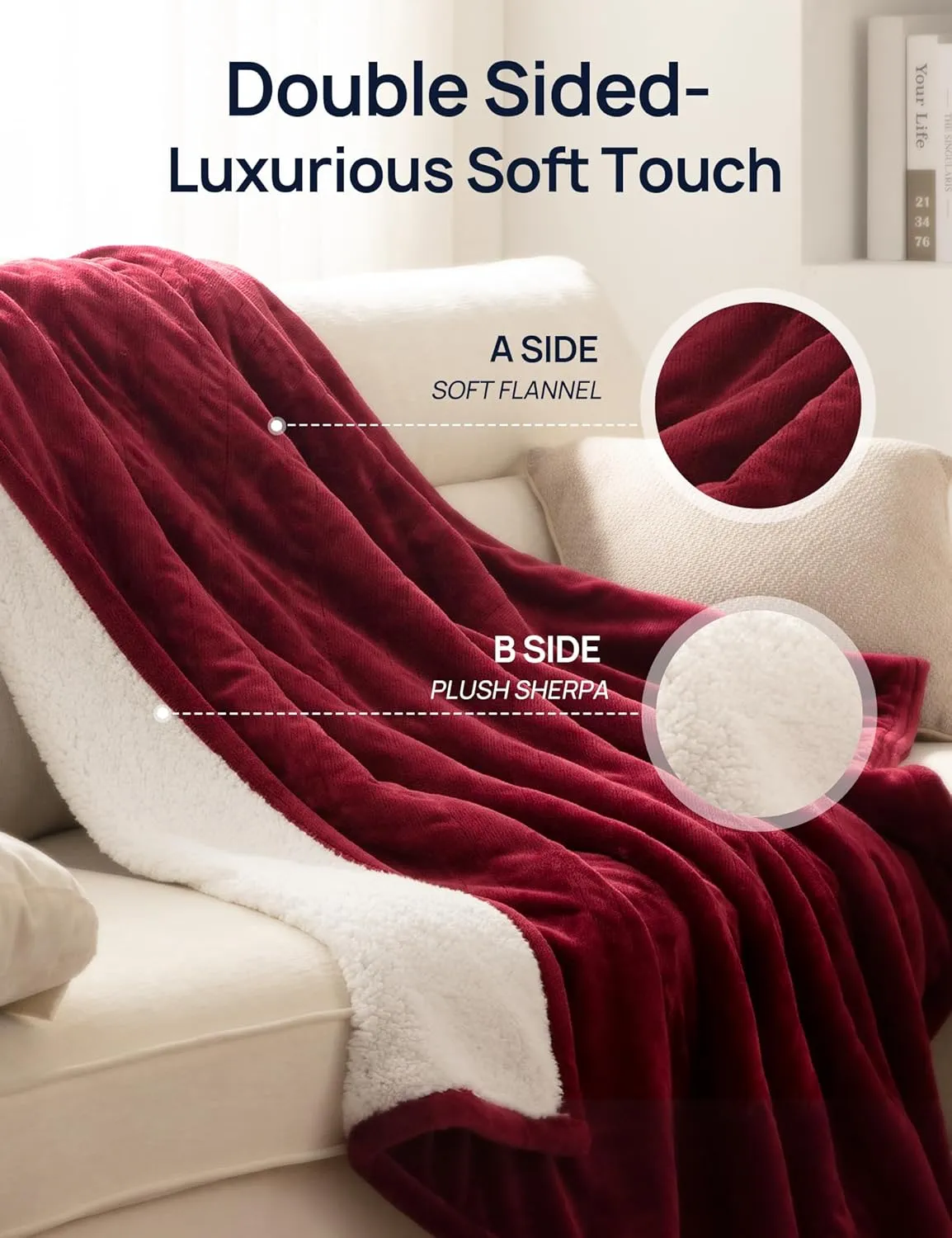 Westinghouse Electric Blanket with Foot Pocket for Adults, Ultra Soft Flannel to Sherpa Heated Throw with 6 Heating Levels & 2-10 Hours Time Settings, Fast Heating & Machine Washable, 50x62, Burgundy