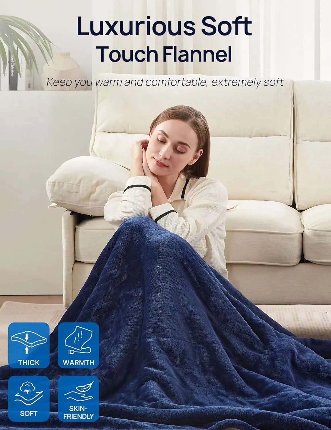 Westinghouse Electric Blanket with Foot Pocket for Adults, Ultra Soft Flannel to Sherpa Heated Throw with 6 Heating Levels & 2-10 Hours Time Settings, Fast Heating & Machine Washable, 50x62, Navy Blue
