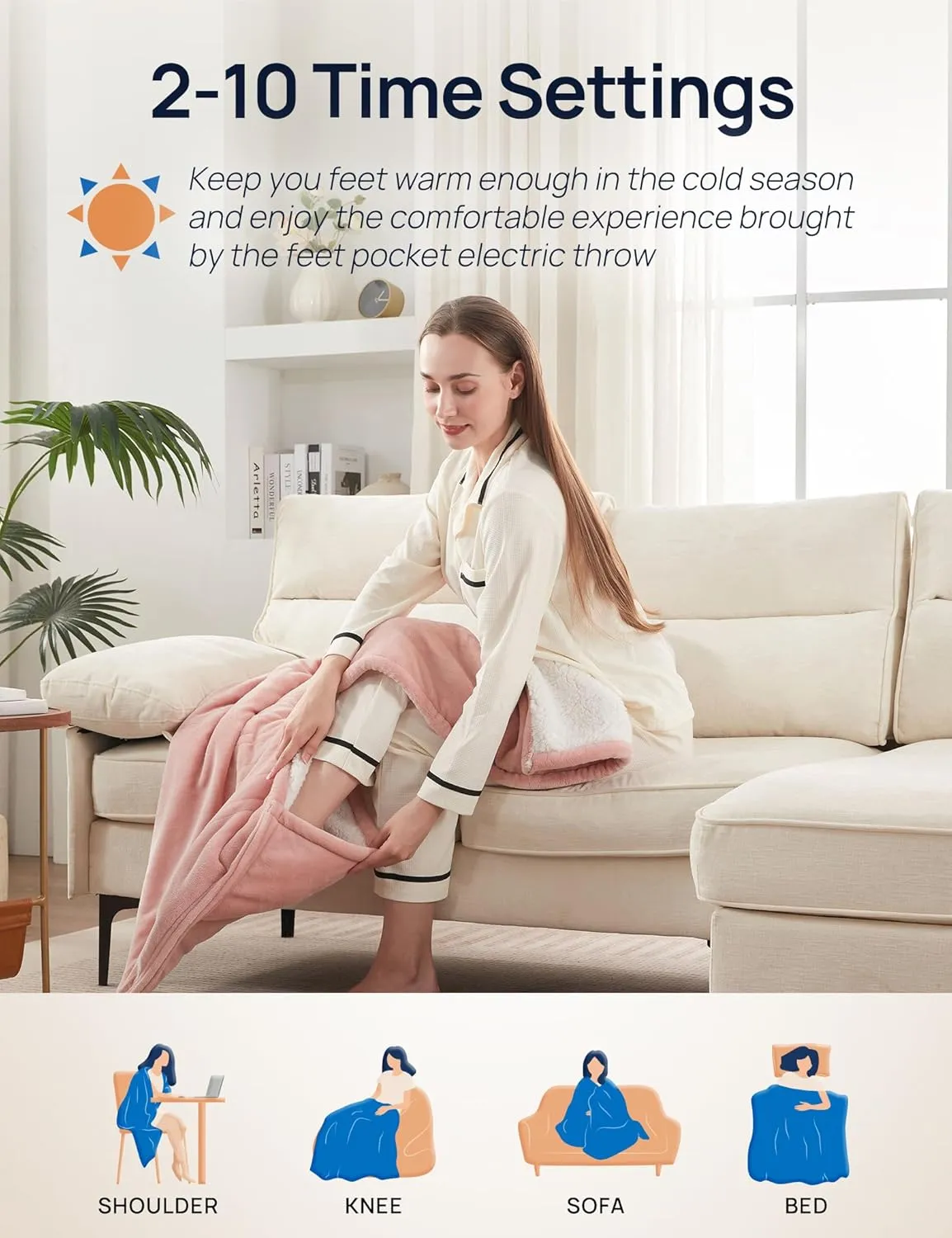 Westinghouse Electric Blanket with Foot Pocket for Adults, Ultra Soft Flannel to Sherpa Heated Throw with 6 Heating Levels & 2-10 Hours Time Settings, Fast Heating & Machine Washable, 50x62, Pink