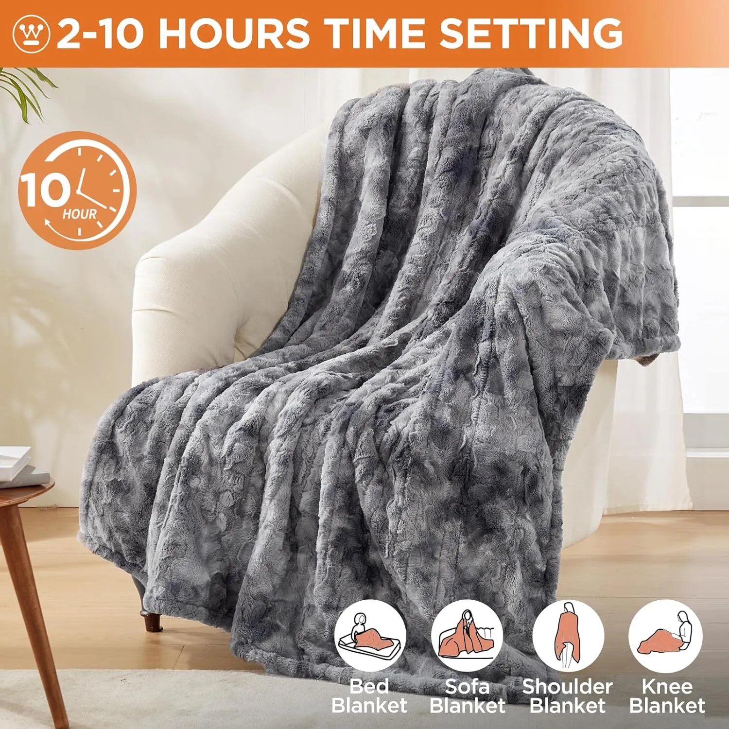 Westinghouse Electric Heated Throw Blanket, Faux Fur with 6 Heating Levels & Auto Off, Soft Cozy Sherpa Washable Blanket (50" x 60", Grey)