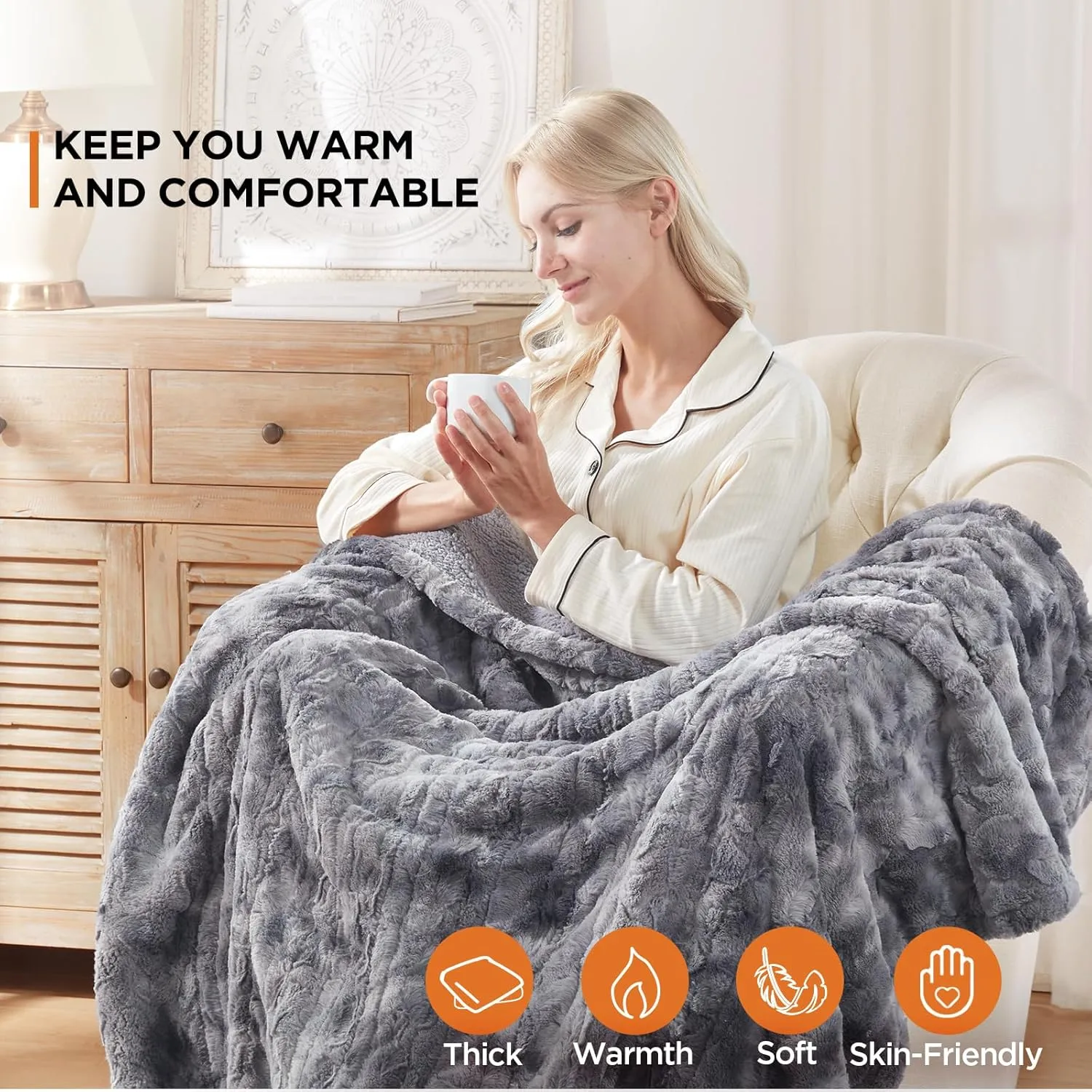 Westinghouse Electric Heated Throw Blanket, Faux Fur with 6 Heating Levels & Auto Off, Soft Cozy Sherpa Washable Blanket (50" x 60", Grey)