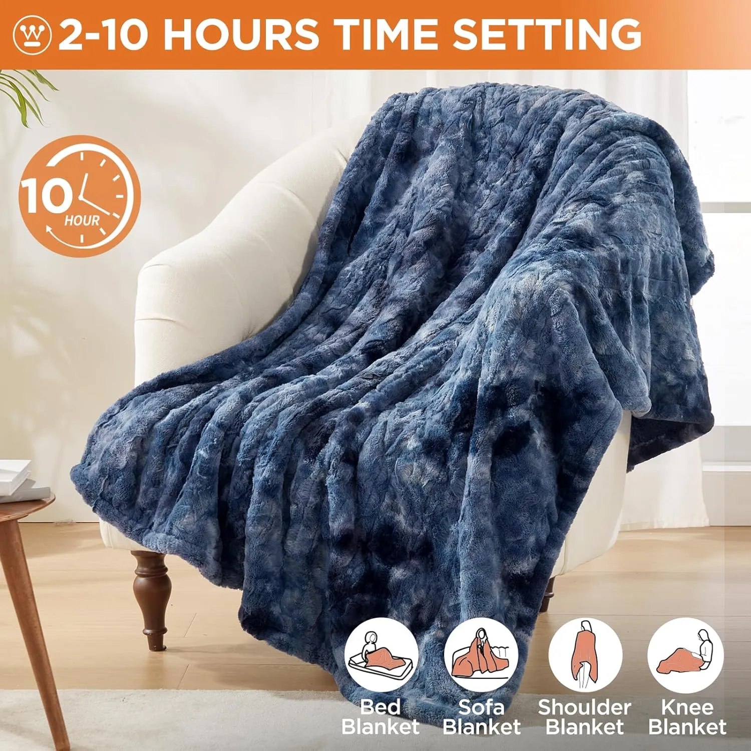 Westinghouse Electric Heated Throw Blanket, Faux Fur with 6 Heating Levels & Auto Off, Soft Cozy Sherpa Washable Blanket (50" x 60", Indigo)