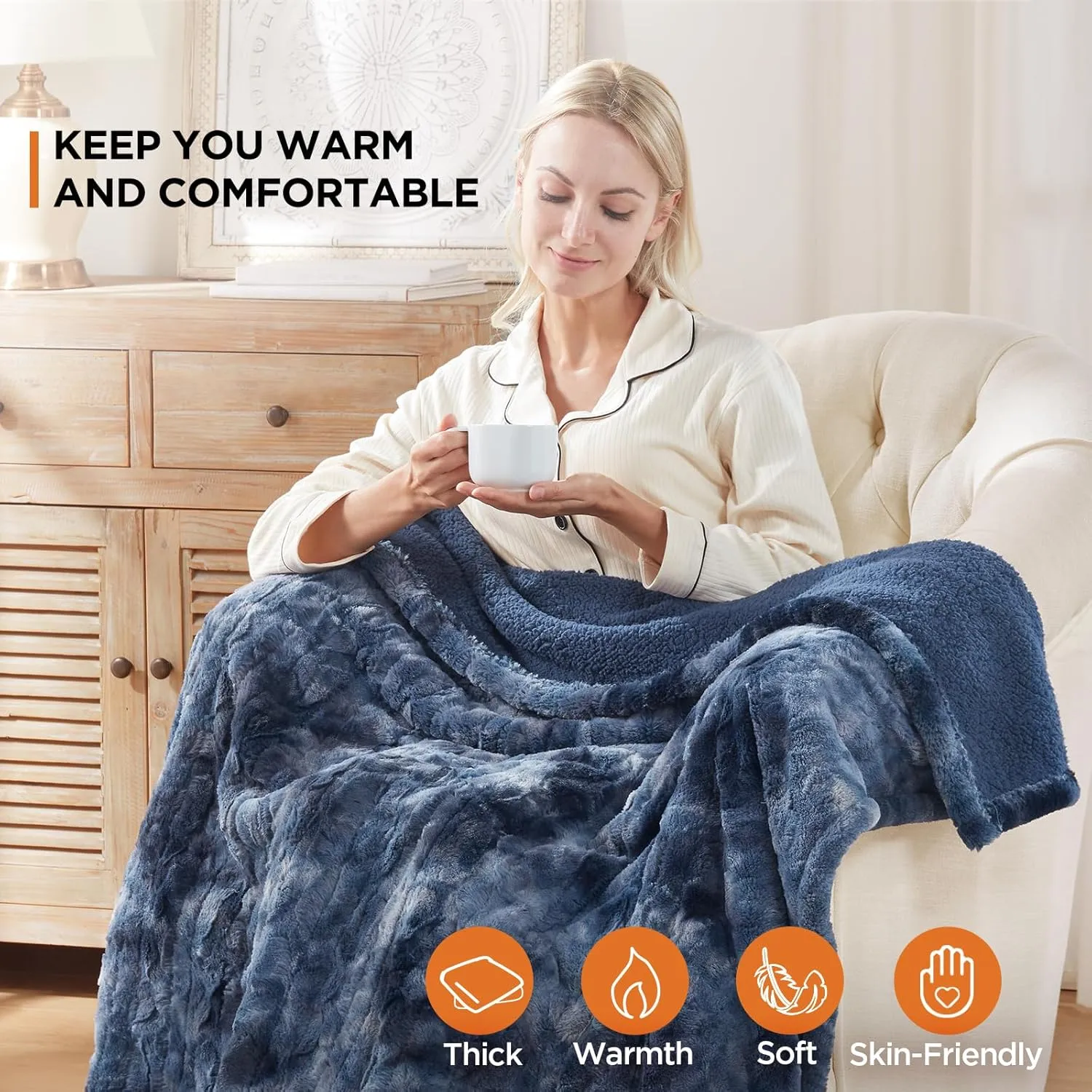 Westinghouse Electric Heated Throw Blanket, Faux Fur with 6 Heating Levels & Auto Off, Soft Cozy Sherpa Washable Blanket (50" x 60", Indigo)