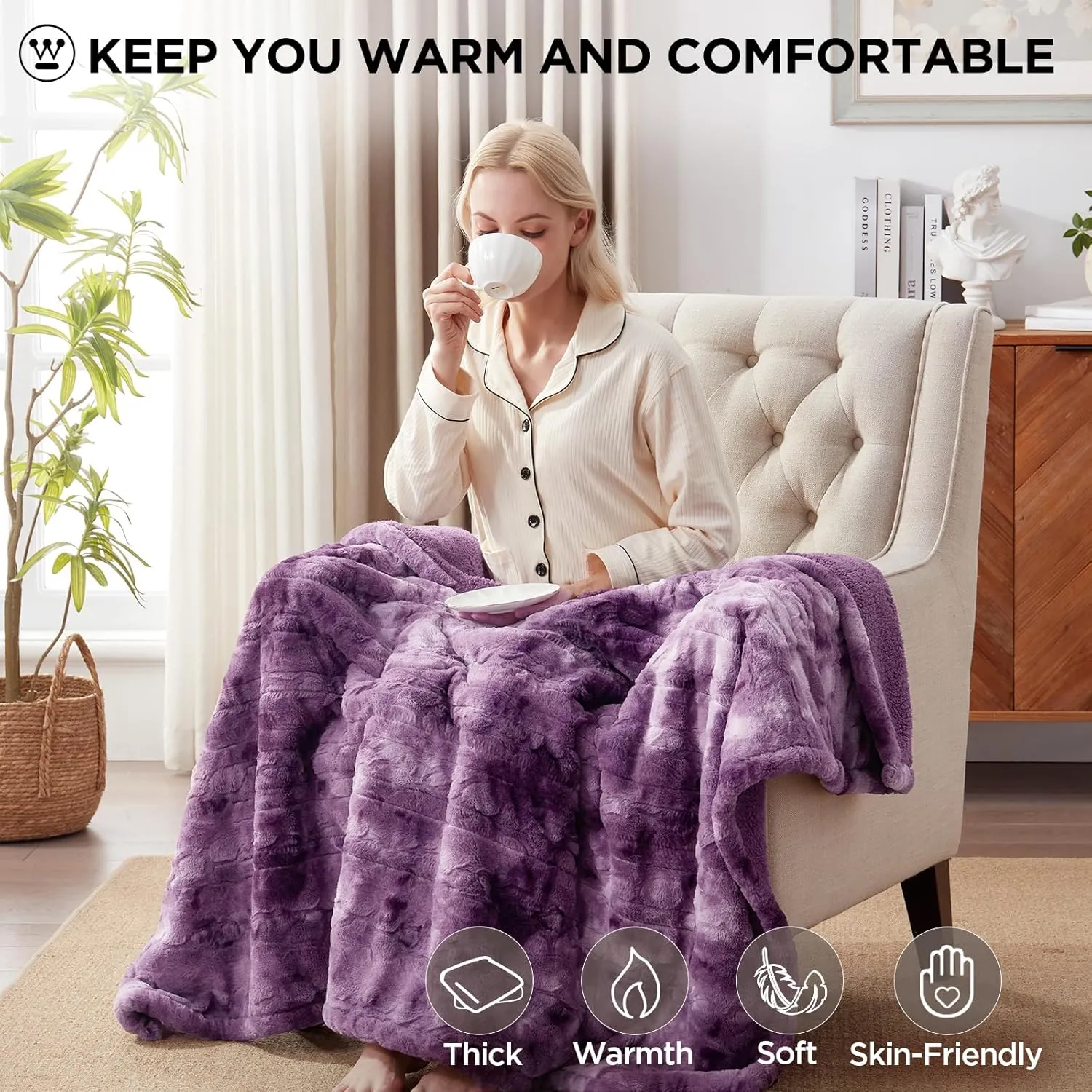 Westinghouse Electric Heated Throw Blanket, Faux Fur with 6 Heating Levels & Auto Off, Soft Cozy Sherpa Washable Blanket (50" x 60", Purple)