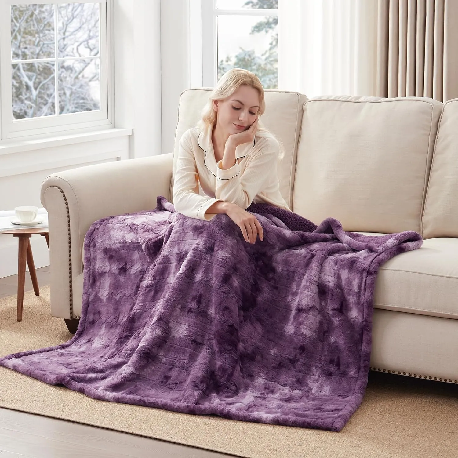 Westinghouse Electric Heated Throw Blanket, Faux Fur with 6 Heating Levels & Auto Off, Soft Cozy Sherpa Washable Blanket (50" x 60", Purple)