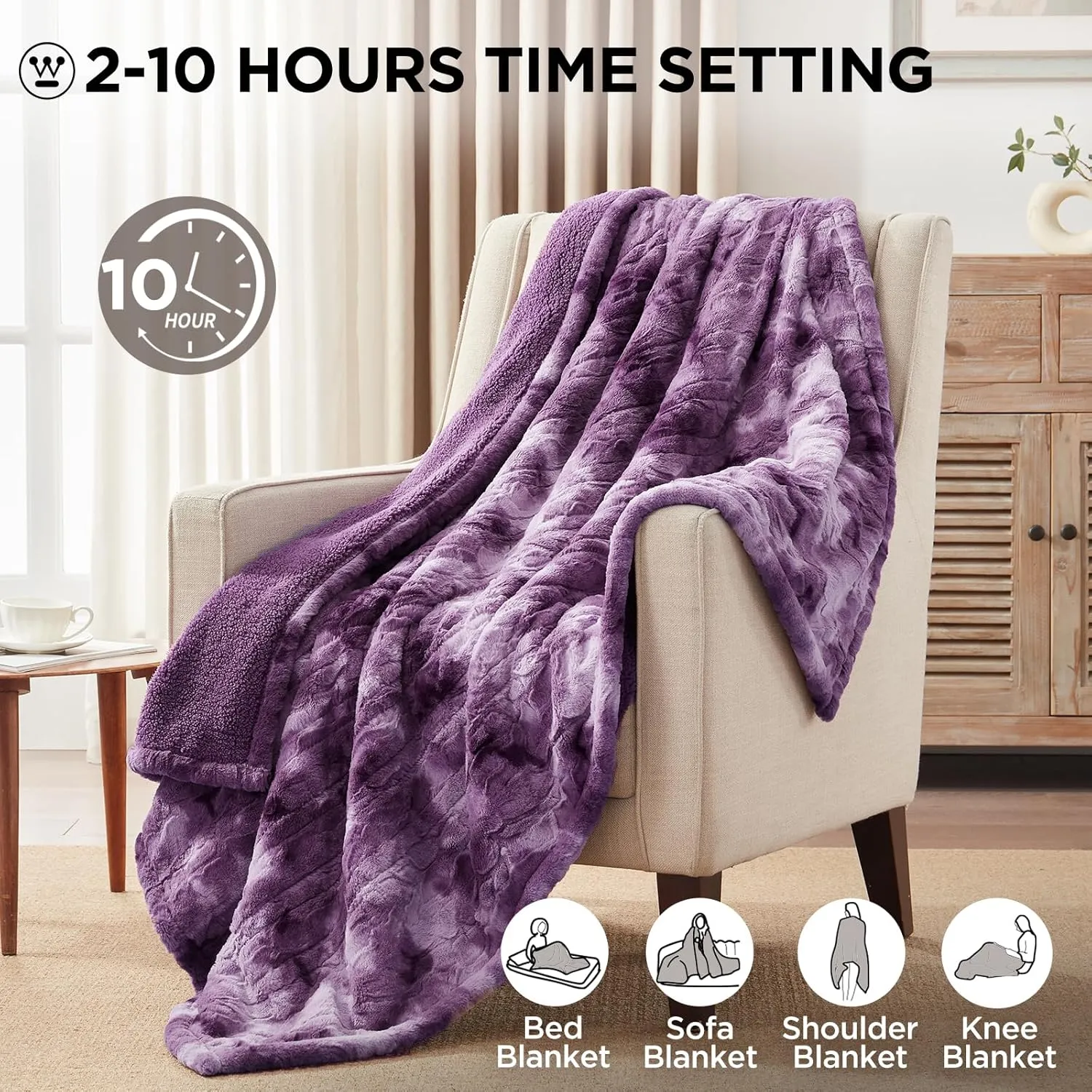 Westinghouse Electric Heated Throw Blanket, Faux Fur with 6 Heating Levels & Auto Off, Soft Cozy Sherpa Washable Blanket (50" x 60", Purple)