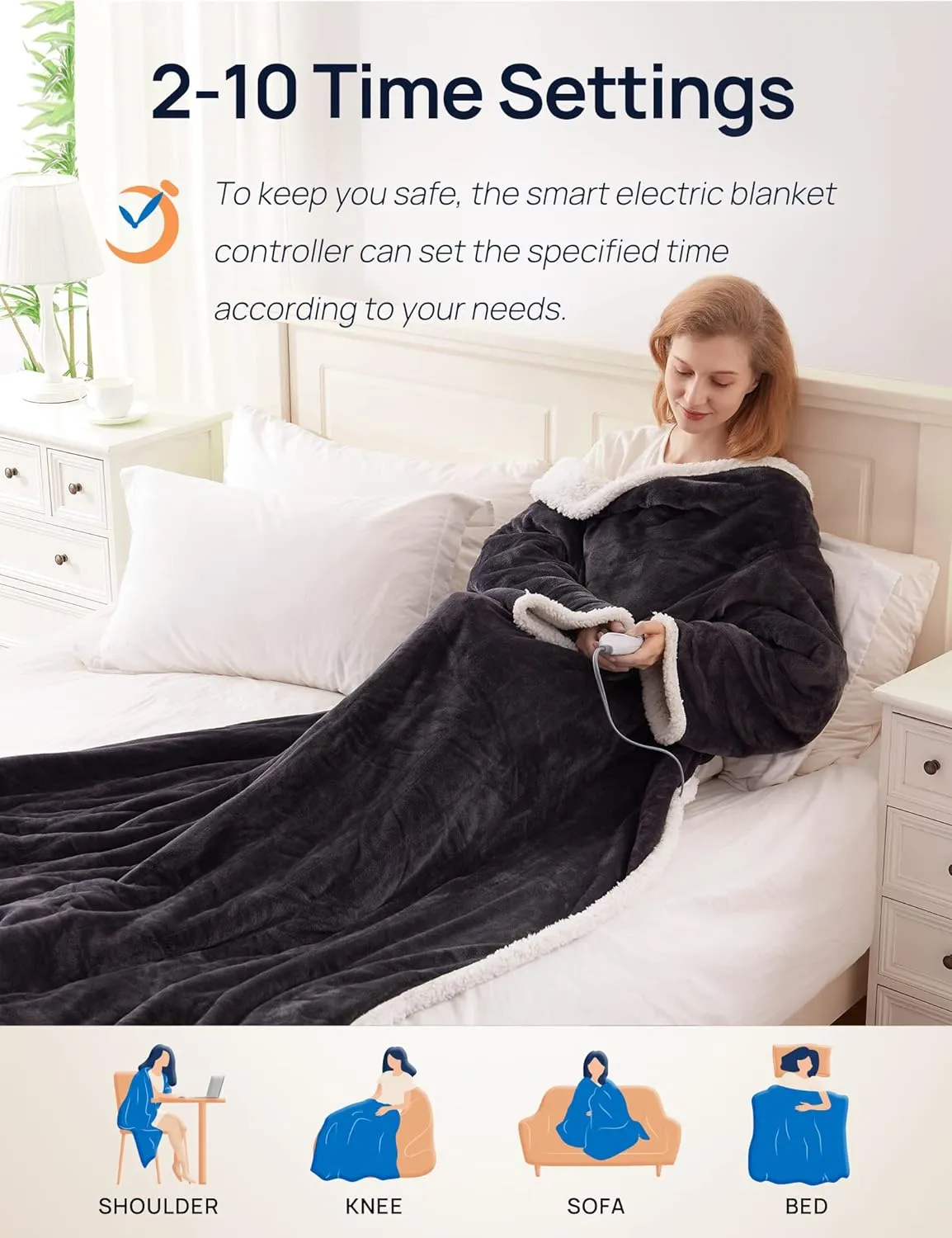 Westinghouse Electric Snuggle Throw Blankets with Foot Pocket, Wearable Heated Blanket with Sleeves, 6 Heating Levels & 2 to 10 Hours Heating Time Settings, 50 * 70" 18", Grey