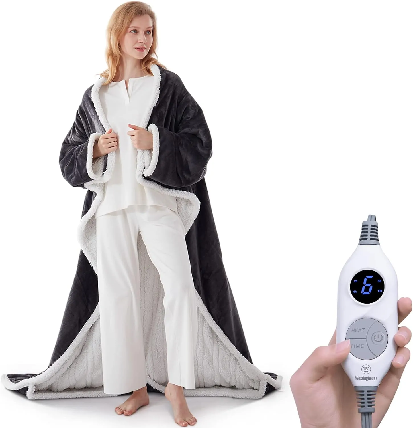 Westinghouse Electric Snuggle Throw Blankets with Foot Pocket, Wearable Heated Blanket with Sleeves, 6 Heating Levels & 2 to 10 Hours Heating Time Settings, 50 * 70" 18", Grey