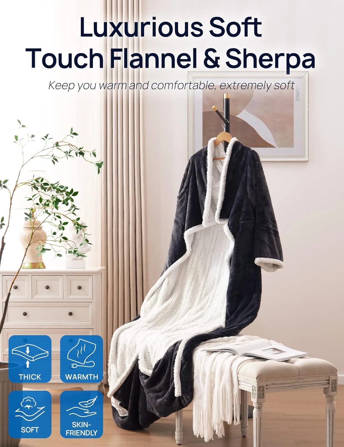 Westinghouse Electric Snuggle Throw Blankets with Foot Pocket, Wearable Heated Blanket with Sleeves, 6 Heating Levels & 2 to 10 Hours Heating Time Settings, 50 * 70" 18", Grey