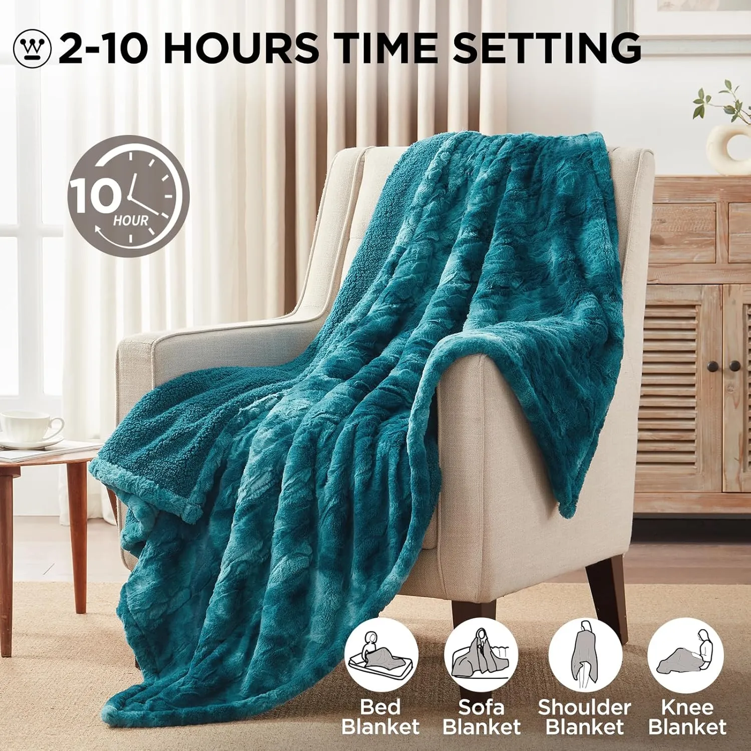 Westinghouse Electric Throw Blanket, Faux Fur Heated Blanket with 6 Heating Levels & 2-10 Hours Auto Off, Soft Cozy Sherpa Heated Blanket Washable Blanket (50" x 60" Throw Size, Green)