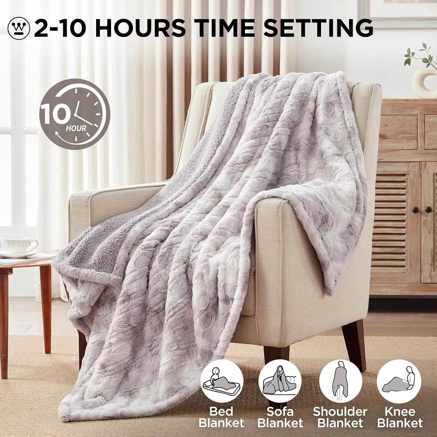 Westinghouse Electric Throw Blanket, Faux Fur Heated Blanket with 6 Heating Levels & 2-10 Hours Auto Off, Soft Cozy Sherpa Heated Blanket Washable Blanket (50" x 60" Throw Size, Light Grey)
